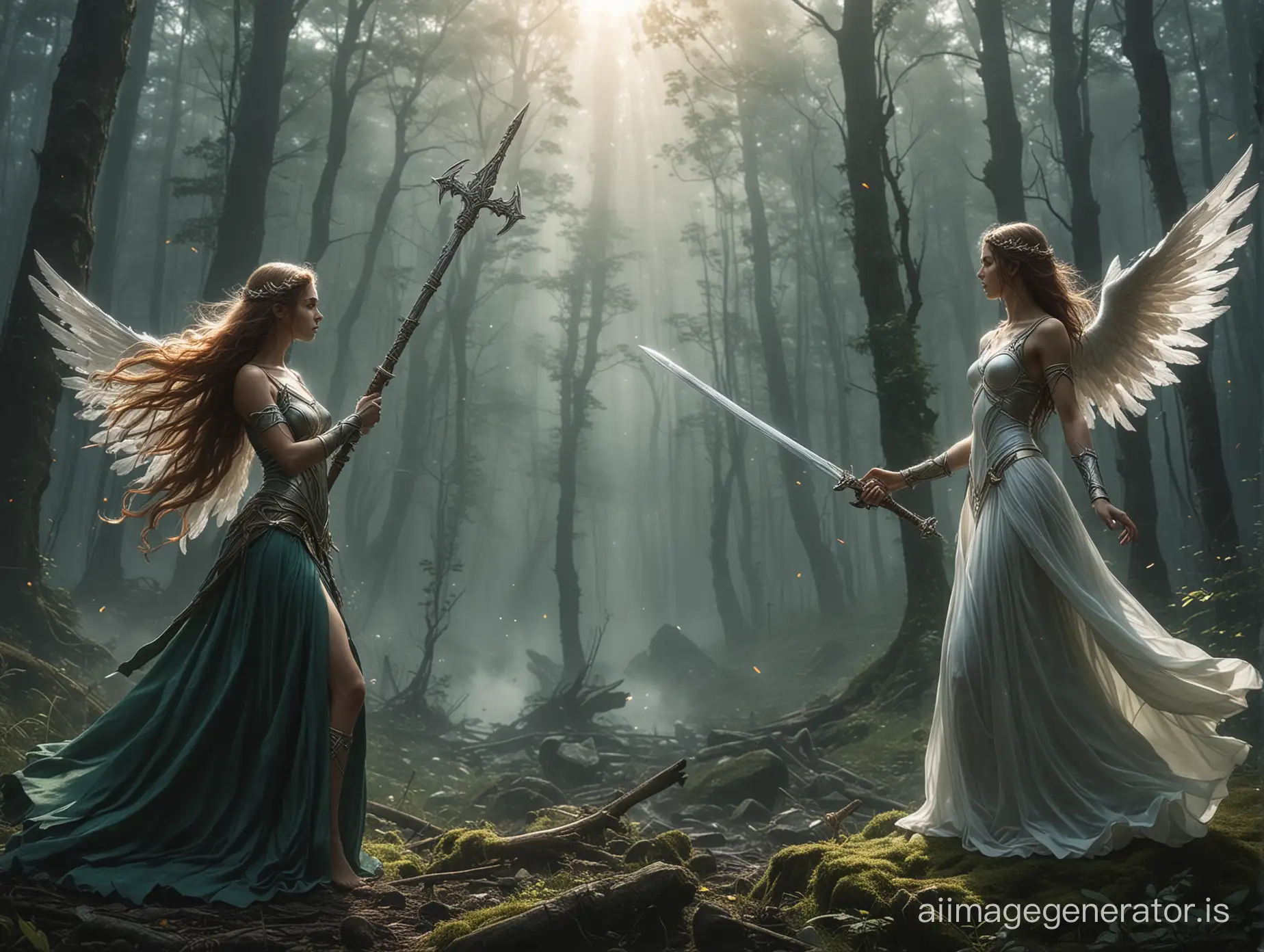 New task, on the background of a mountain, make a battle between a forest nymph woman and an angel woman. The forest nymph woman to hold a forest scepter, and the angel woman a sword. The moment I want to capture is when the sword and the scepter clash, and sparks start flying from them.