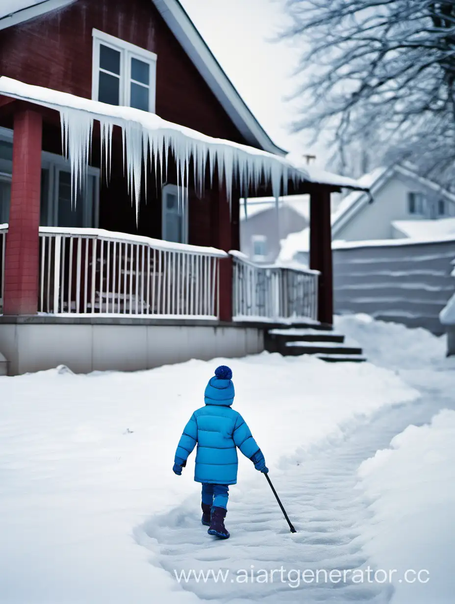 Child-Walking-Near-SnowCovered-House-with-Icicles