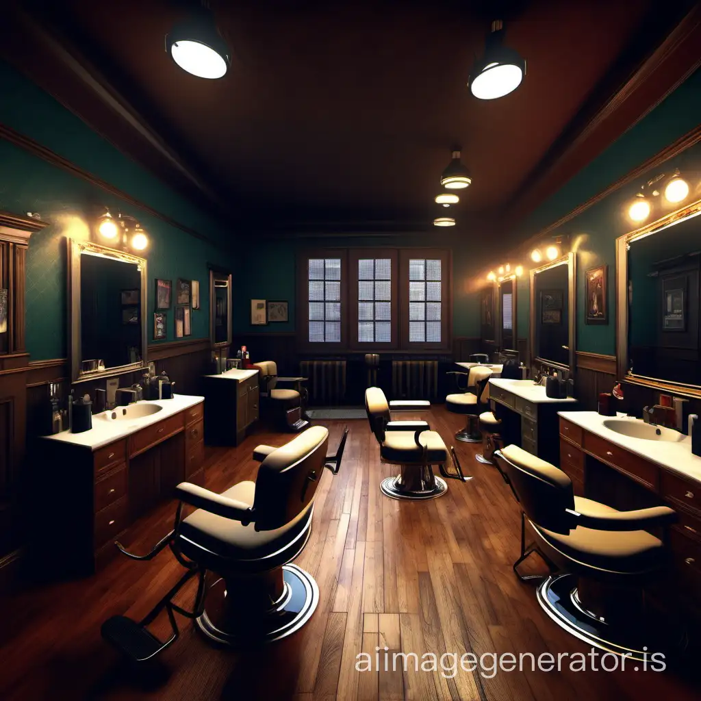a barber shop with lots of chairs and sinks, virtual reality metaverse engine, gentleman's club lounge, canva, the metaverse, photoreal details, metaverse, award winning dark lighting, saloon, basement isometry, highly detailed -, interior of a small room, well - rendered, texturing xyz, old apartment, unshaded