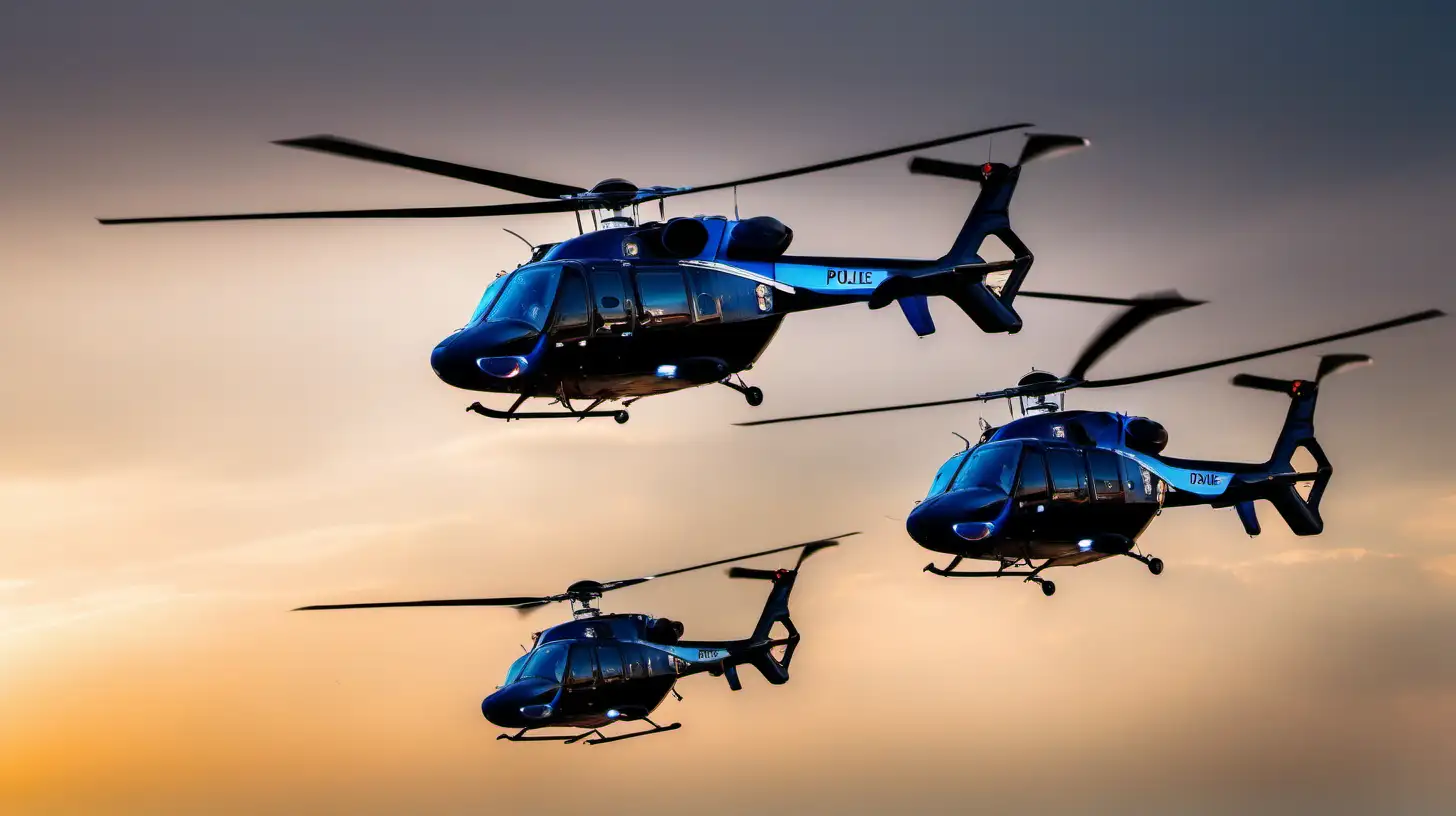 Police helicopters elegantly patrolling a mesmerizing sky backdrop), (Nikon Z9 with a 24-70mm f/2.8 lens), (Vivid, natural lighting showcasing the beauty of the sky), (Aerial photography style capturing the grace of police helicopters against the stunning sky backdrop).