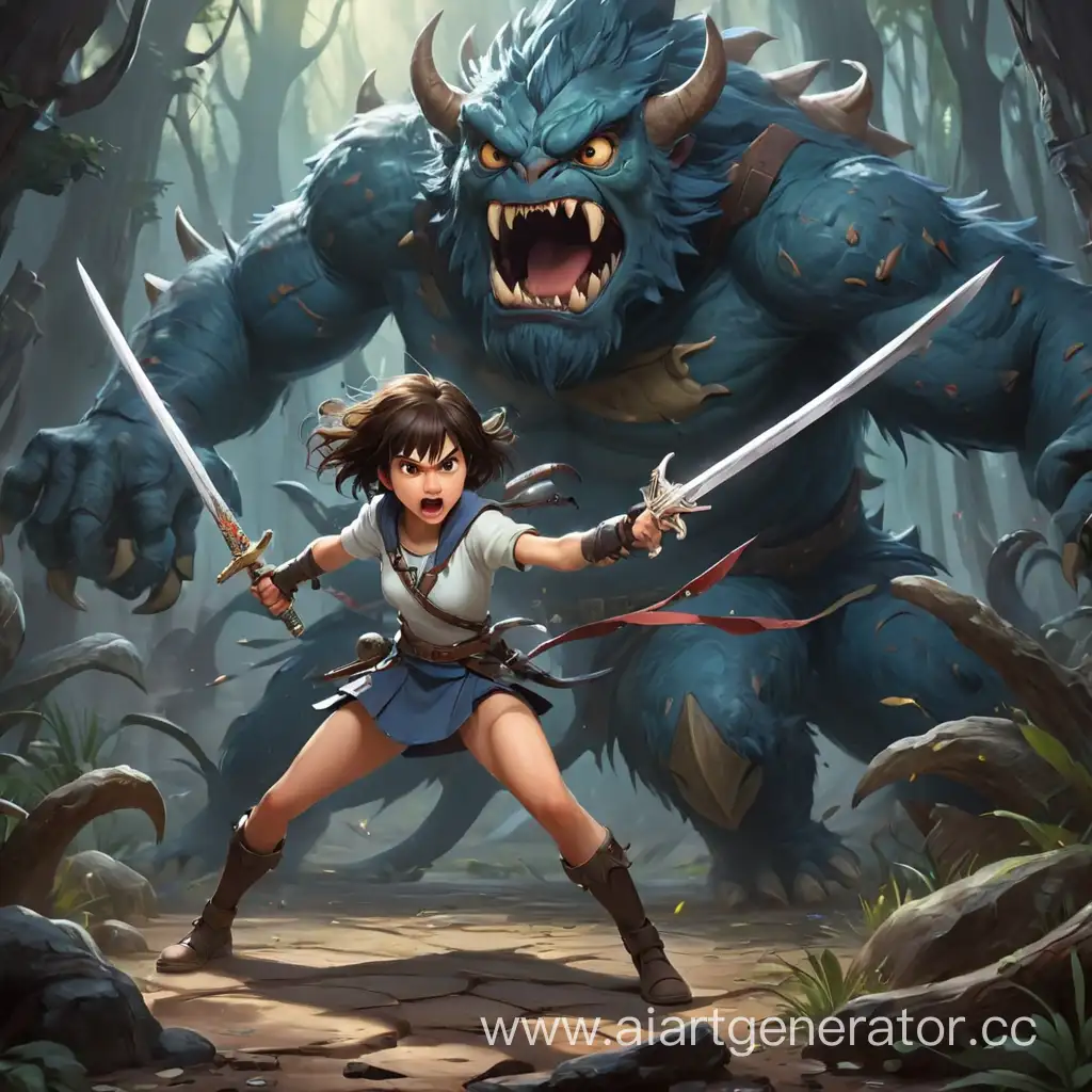 Valiant-Girl-Warrior-Dueling-Fierce-Monster-in-Fantasy-Forest