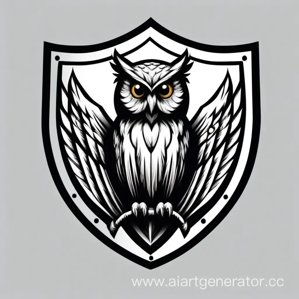 Щит на котором изображена эмблема совы,защищённость и безопасность на русском, эмблема минималистичная
