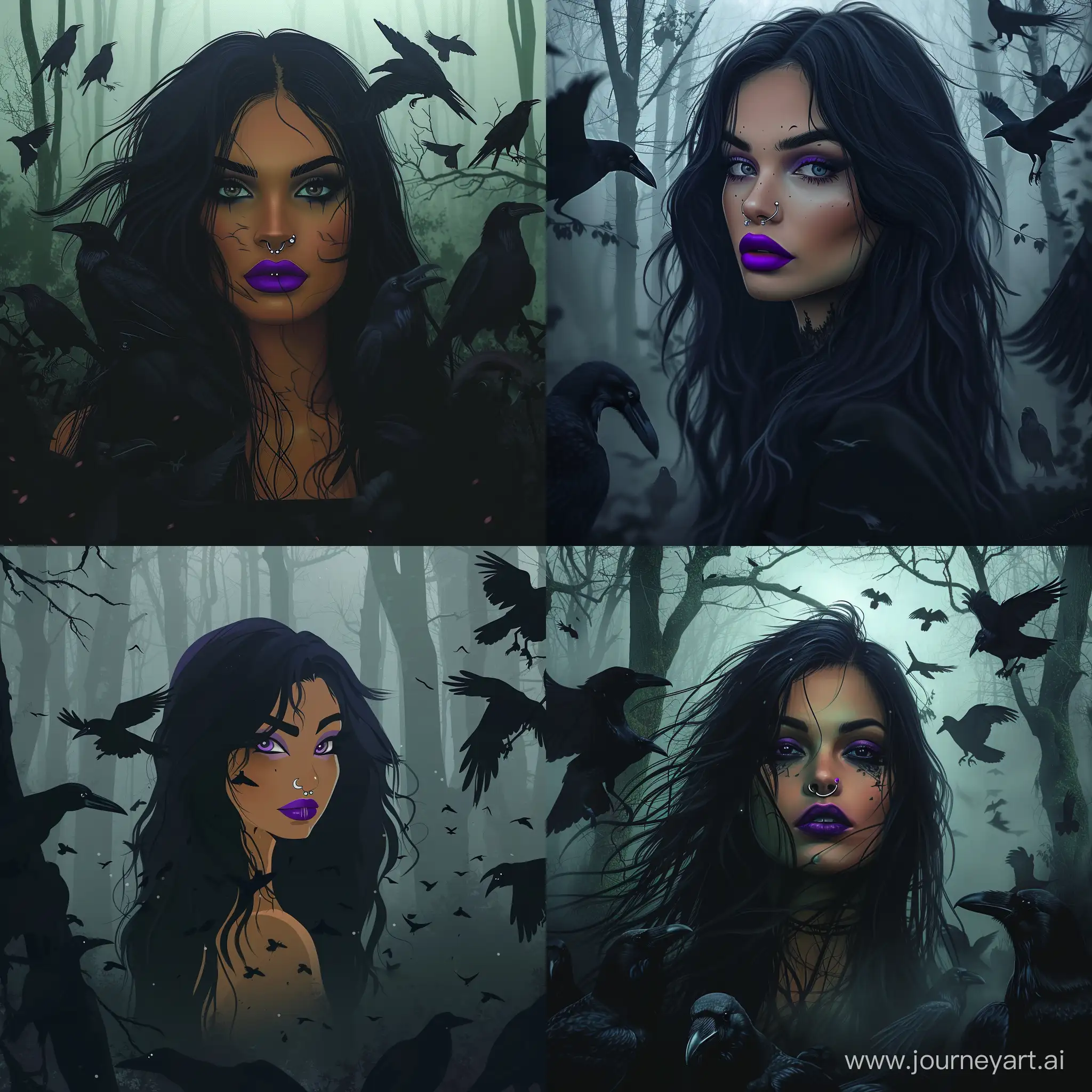 Mystic-Elegance-Proud-BlackHaired-Woman-in-Enchanted-Forest-Surrounded-by-Ravens