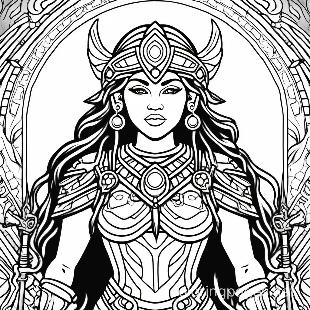warrior goddess, Coloring Page, black and white, line art, white background, Simplicity, Ample White Space. The background of the coloring page is plain white to make it easy for young children to color within the lines. The outlines of all the subjects are easy to distinguish, making it simple for kids to color without too much difficulty
