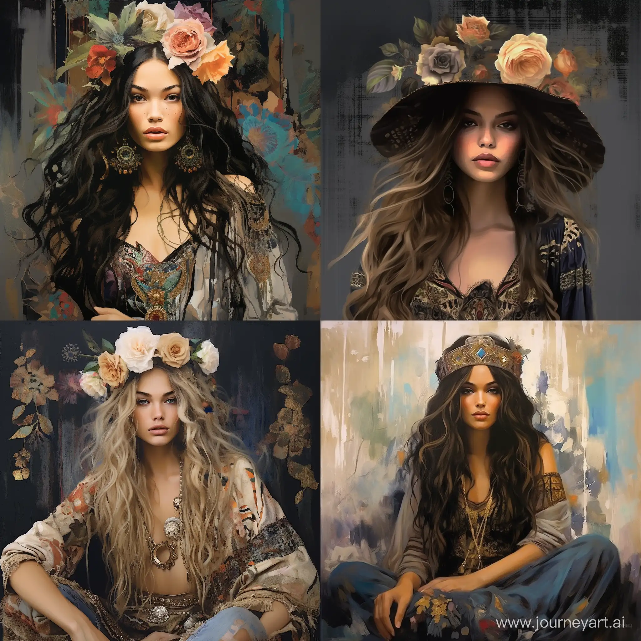 Reimagine the The Romantic Look of Boho as a captivating figure of creative expression. Experiment with unconventional angles, artistic interpretations, and imaginative elements that enhance their Bohemian style. Infuse the image with a sense of artistic flair and cultural richness, captured in a waist high portrait in a dynamic pose, Gouache painting, modern vintage style, face with boho elements, Vogue patterns, darkness, mystery, Rolf Armstrong, Paul Poiret, Margaret Keane influence, Great Gatsby-inspired, pheasant cloche, fur stole, captivating gaze, hijab, angelic fury, fiery wings in red, black, gold, semi-realistic fashion illustration, faceless woman, Santa outfit, black hair with red tips, back-view, white backdrop, scattered Christmas balls,