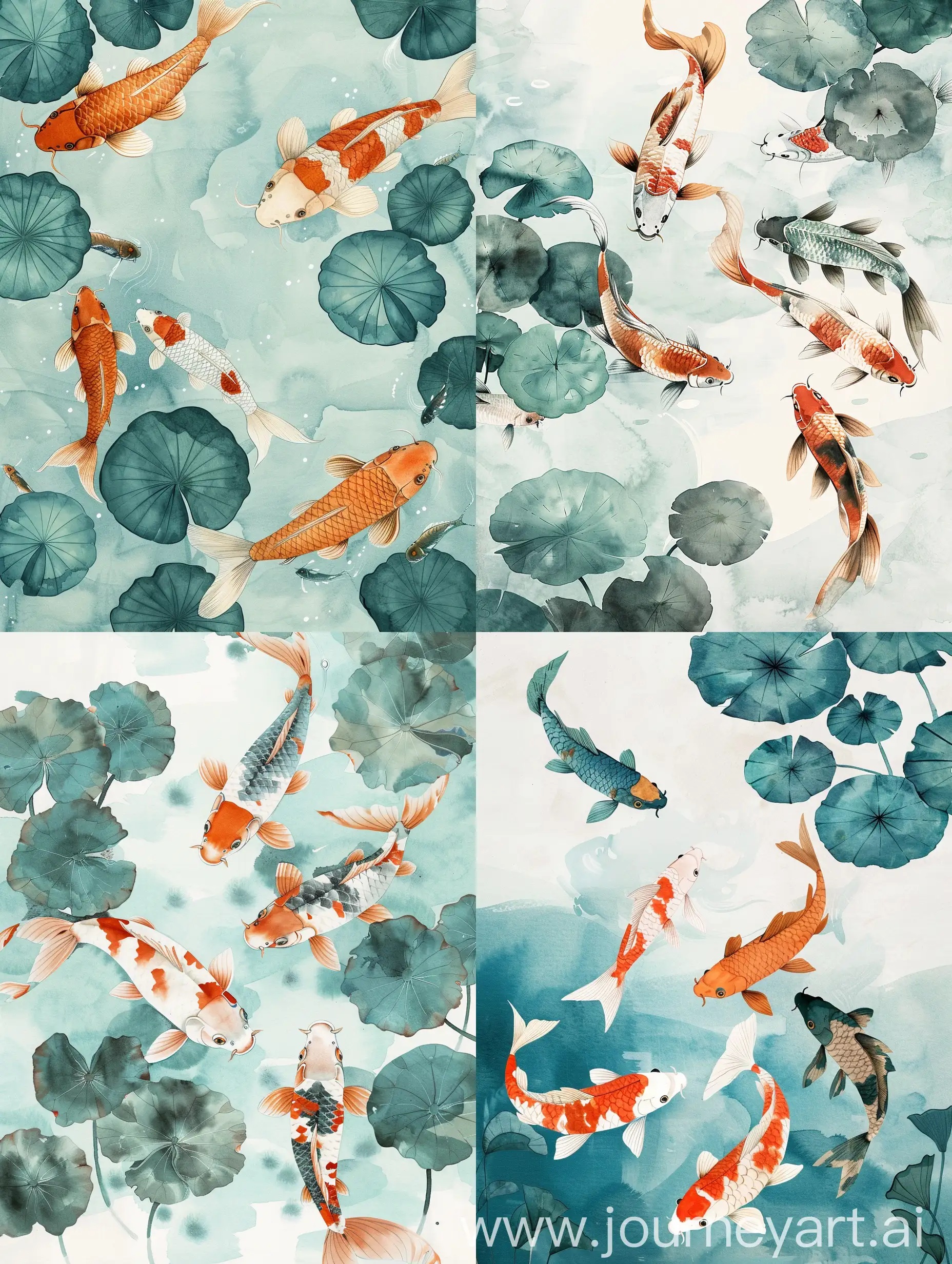 eight koi carps, light blue pond, dark green water lilies, watercolor, chinese style