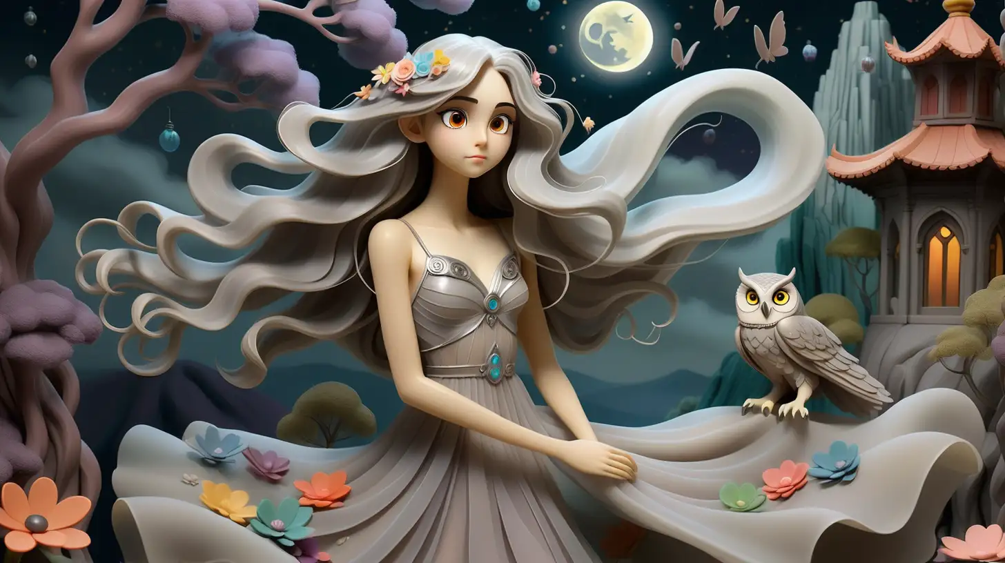 DIORAMA, ghibli inspired painting of beautiful enchanting slender, long silver wavy hair, sheer flowy dress, 18 YEAR OLD girl who shape-shifts into an owl, ethereal owl princess, playing with a big colorful owl in an enchanted forest skyline, flowers, fireflies and moonlight, sea of clouds, mountain, temple, colorful, cliff