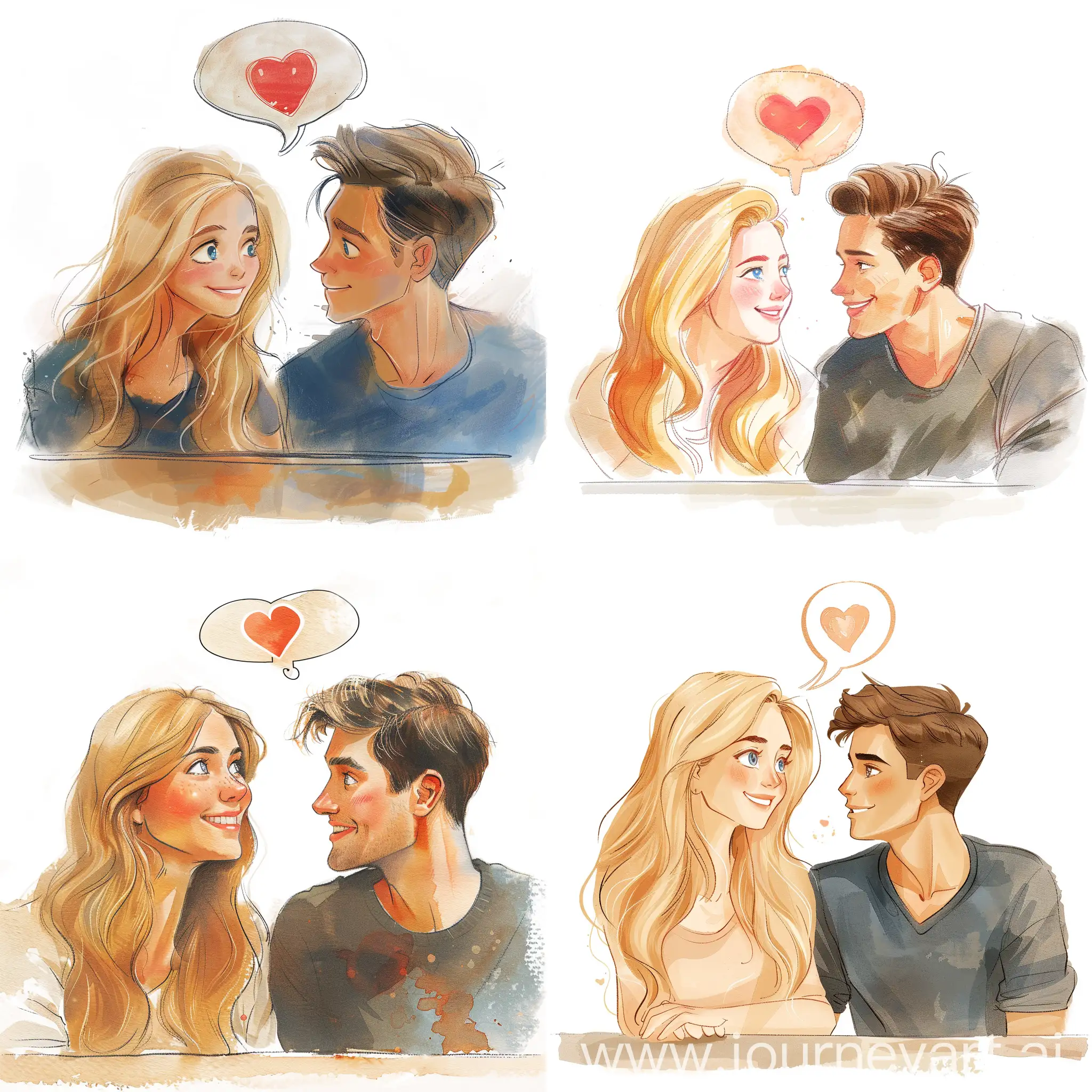 A cute woman and handsome man look at each other from across a table. Man has speech bubble with love heart in it, both are blushing. Woman has long blonde hair, blue eyes. Man has dark brown short undercut hair, brown eyes. illustration for book, childrens book, smiling, full body view watercolor clipart, full illustration, 4k, sharp focus, smooth soft skin, symmetrical, soft lighting.