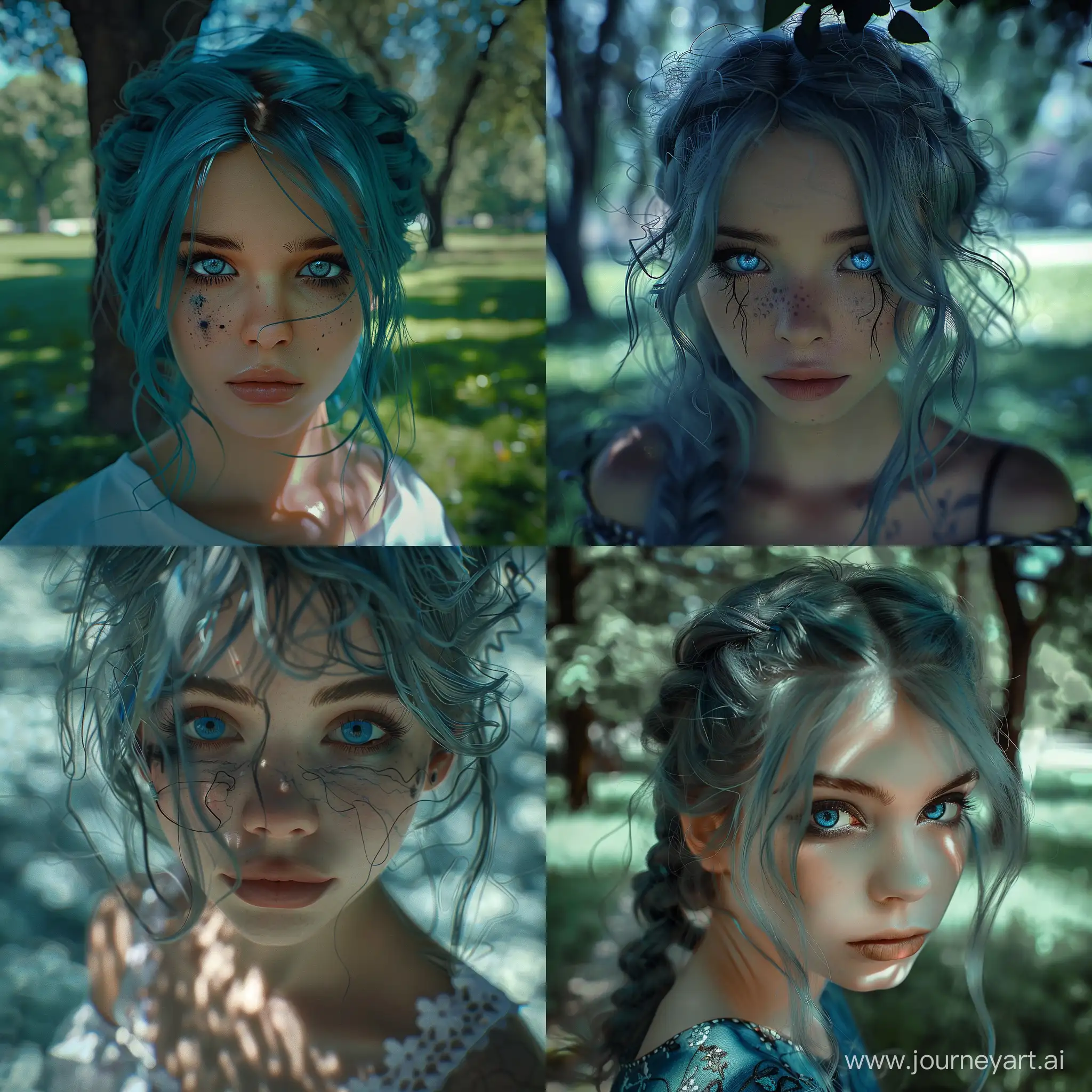 Unrealistic realistic and detailed photo of a beautiful girl of about 18 years old with blue hair and dark shadows on her eyes, blue captivating eyes on the background of a summer park