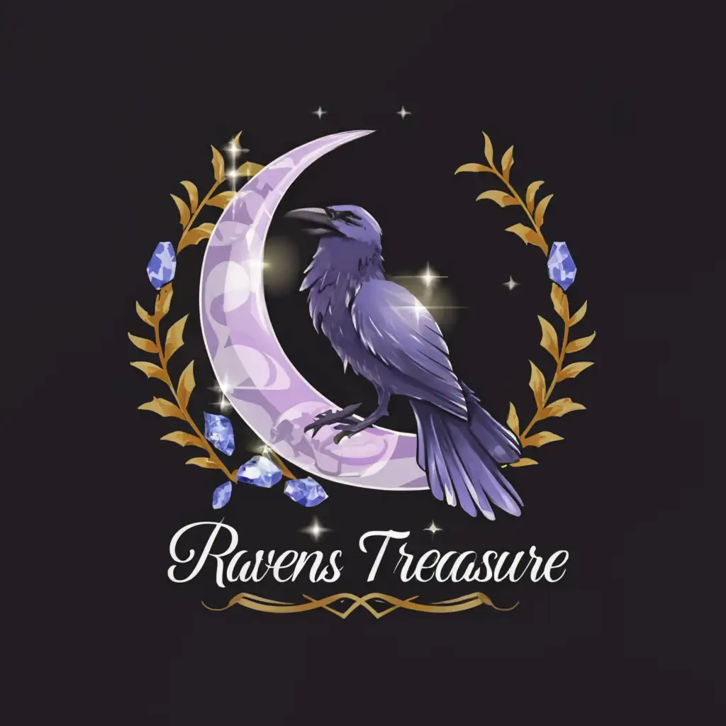 a logo design,with the text "Raven's Treasure", main symbol:Raven, moon, crystal,Moderate,clear background