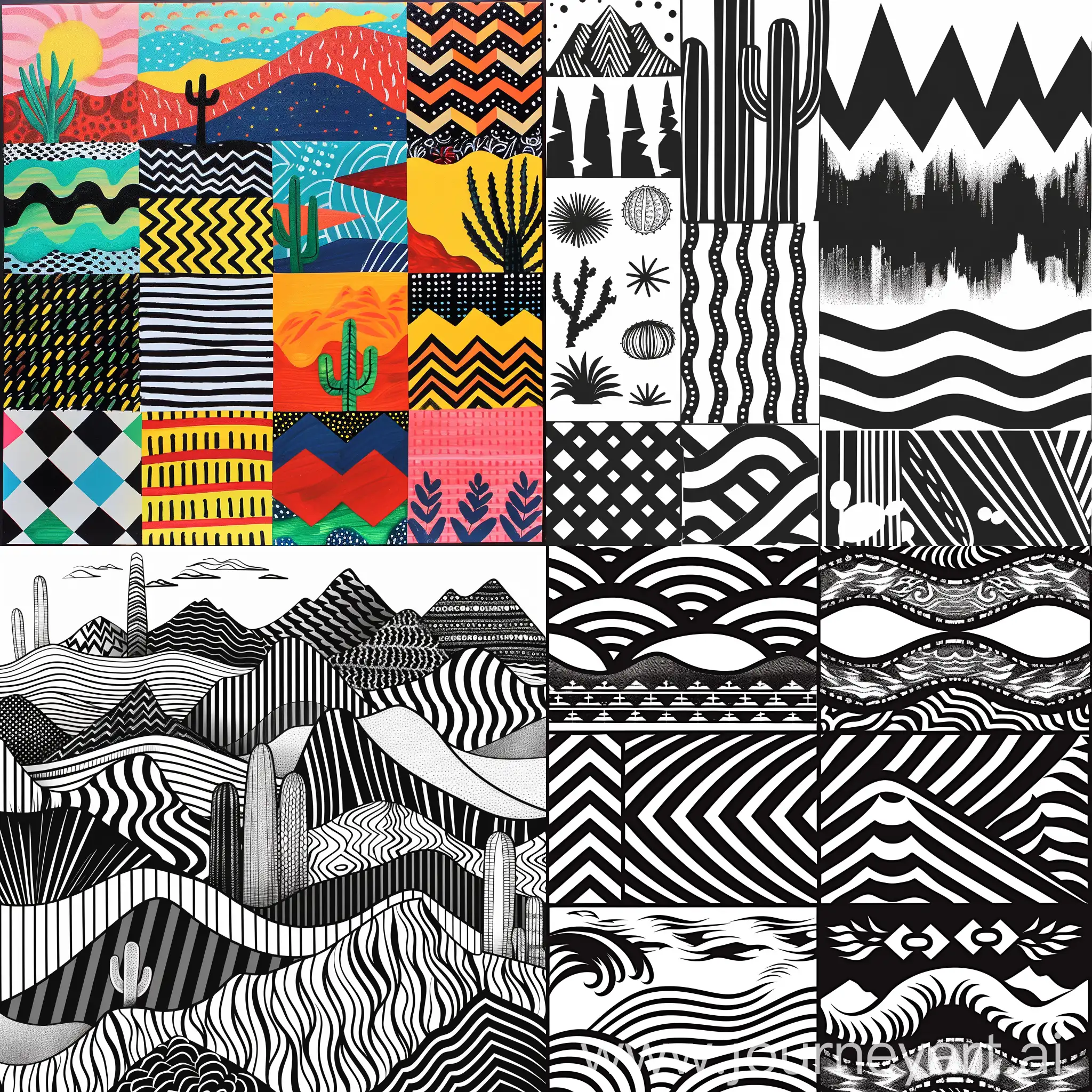 Do a geometric pattern using waves and other patterns that can depict deserts, The patterns should be simple, suggest more than 4 patterns, the patterns should be easy to replicate, the designs should be good to do on a banK note