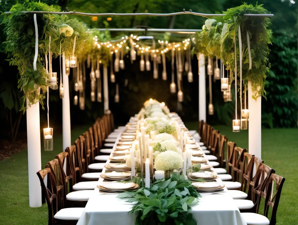 create an image of an outdoor whimsical wedding reception full of candlelight and hanging greenery with and hydrangeas on the table that is set elegantly