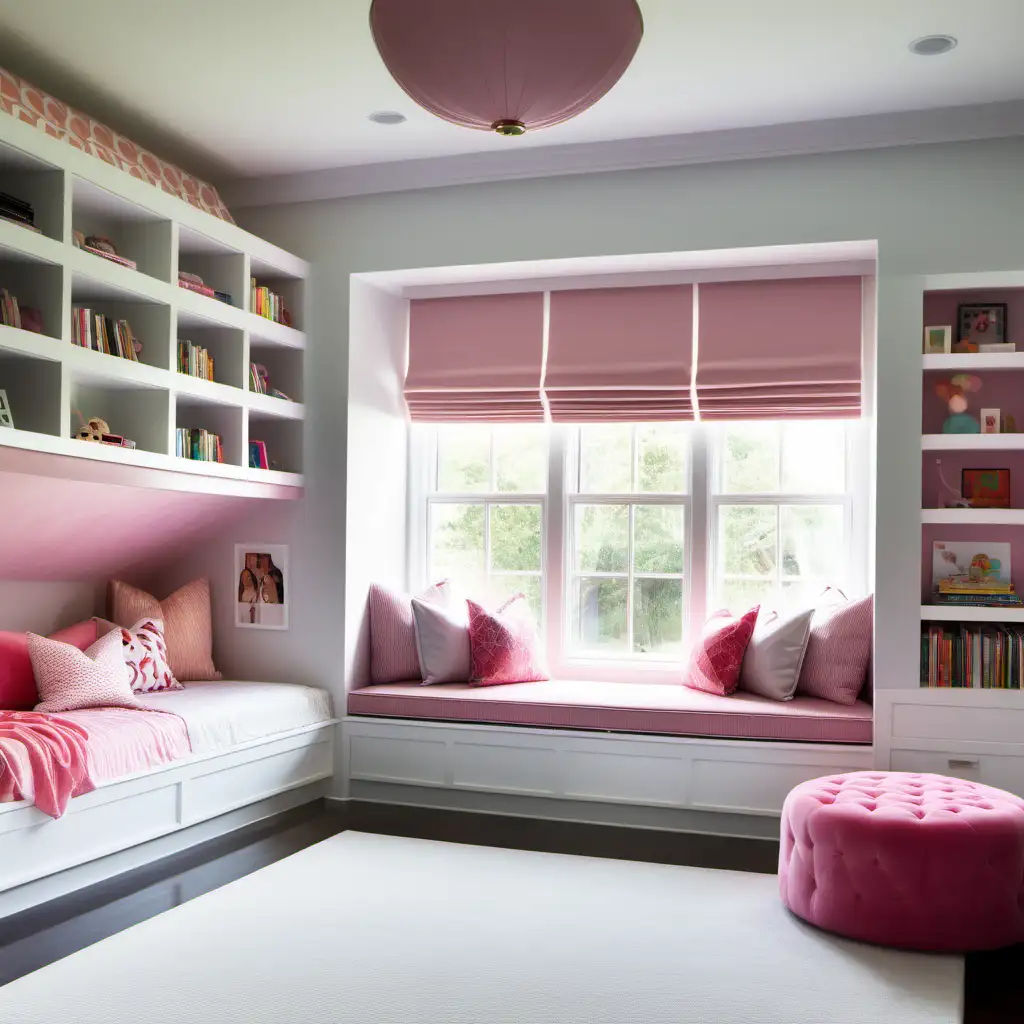 A contemporary girls bedroom with a window seat and a reading knock
