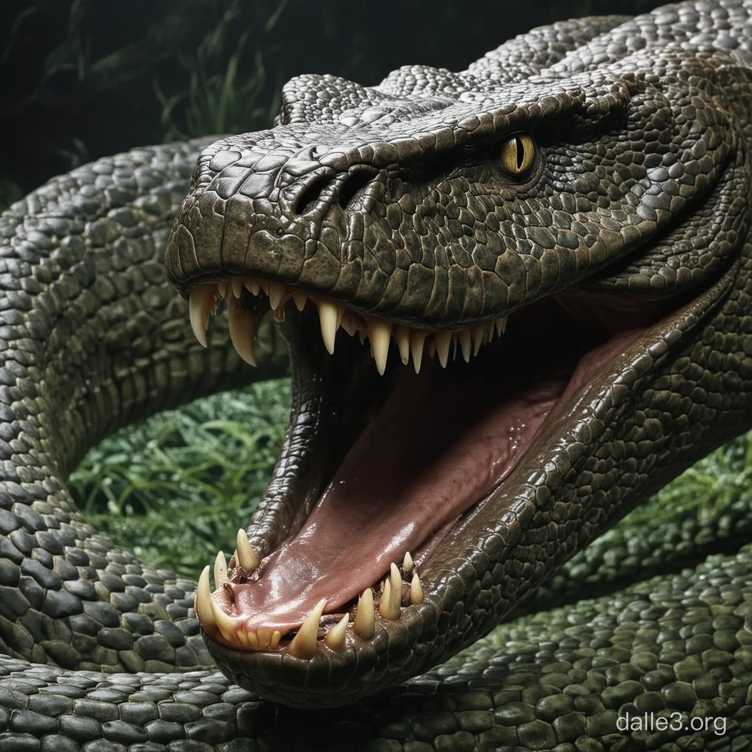 titanoboa widely opening its mouth to show us its scary teeth