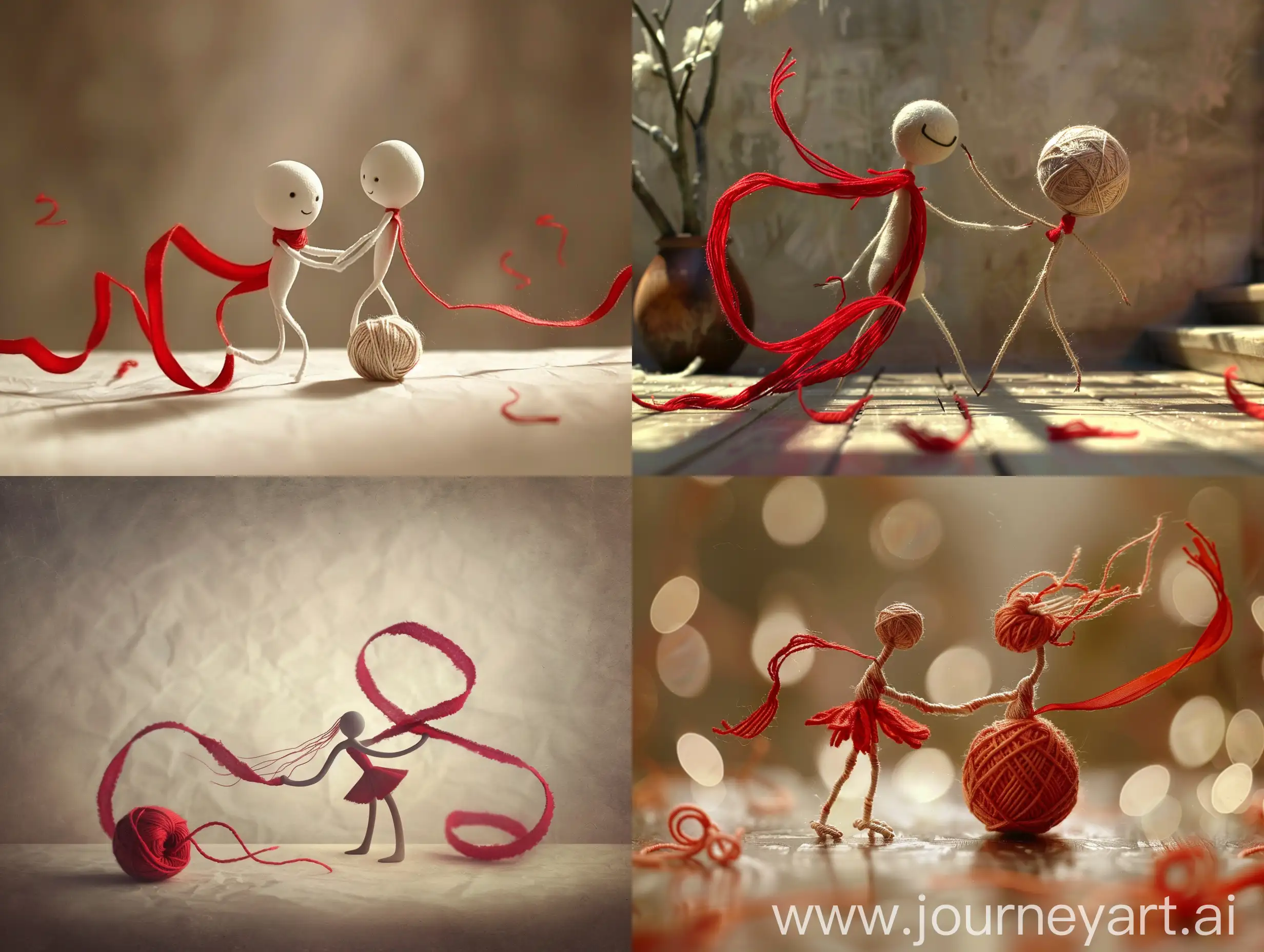 scene from an art film about an enchanted dancing red ribbon sharing tender moment with ball of yarn ar