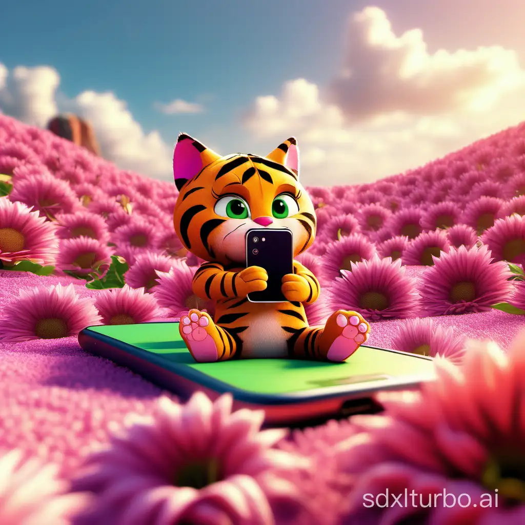 A cat that looks like a tiger. He is doing a yoga pose while taking a selfie with his iPhone 13 Pro Max by holding it with his paw. He is sat on a pink giant flower over a flower beach field with the sea on sight. Cinematic, 3D style, by Pixar. Subtle colors, orange, green, magenta. Natural light, full shot. Cute, healthy, happy.