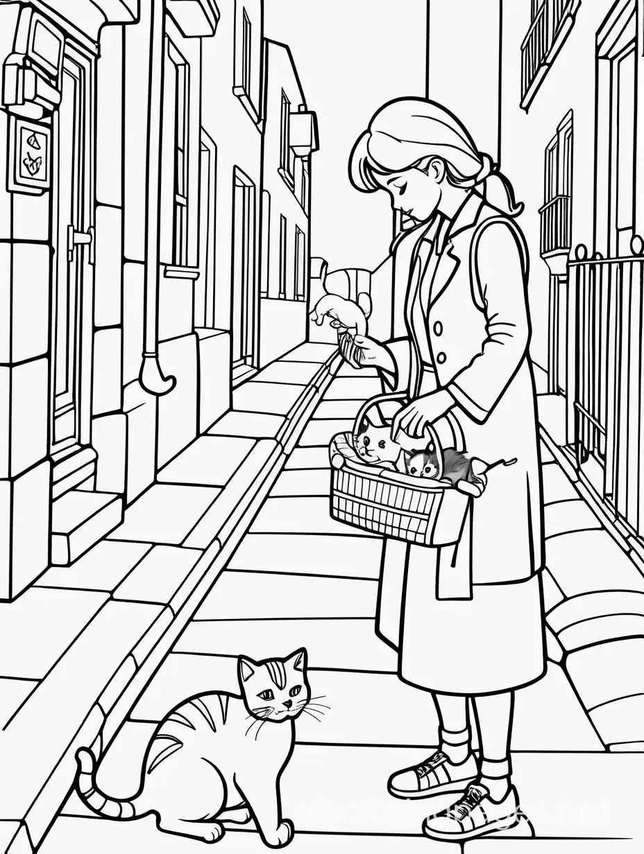 Kind-Lady-Feeds-Abandoned-Kitten-Coloring-Page-for-Kids