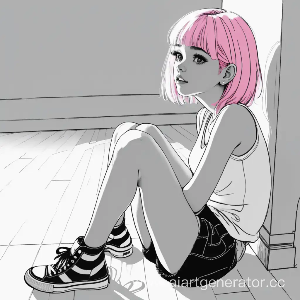 девушка с розовыми волосами сидит на полу и смотрит вверх, чернобнлый рисунок, HD