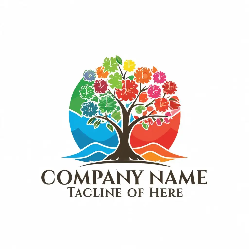 a logo design,with the text "Company name", main symbol:a tree full of flowers with a landscape containing a sun, the sea and a shovel,complex, colors green, blue, orange, clear background