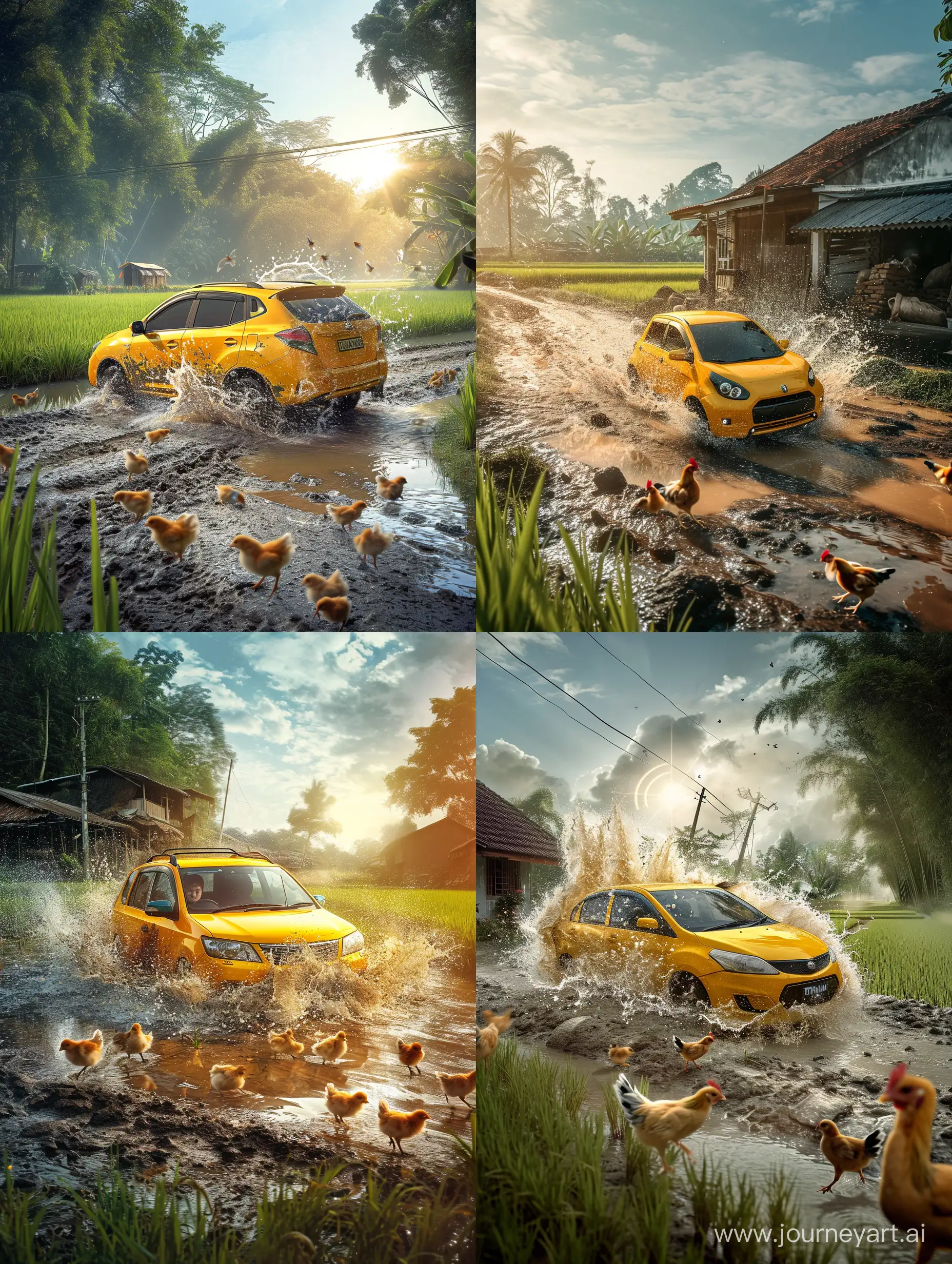 Scenic-Morning-Drive-Yellow-Myvi-Car-Splashing-Through-Village-by-the-Rice-Field