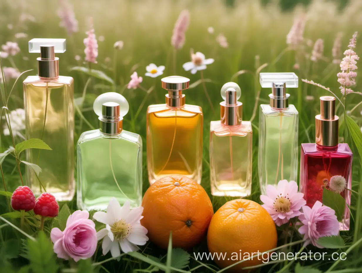 Assorted-Perfume-Bottles-in-Meadow-with-Fruits