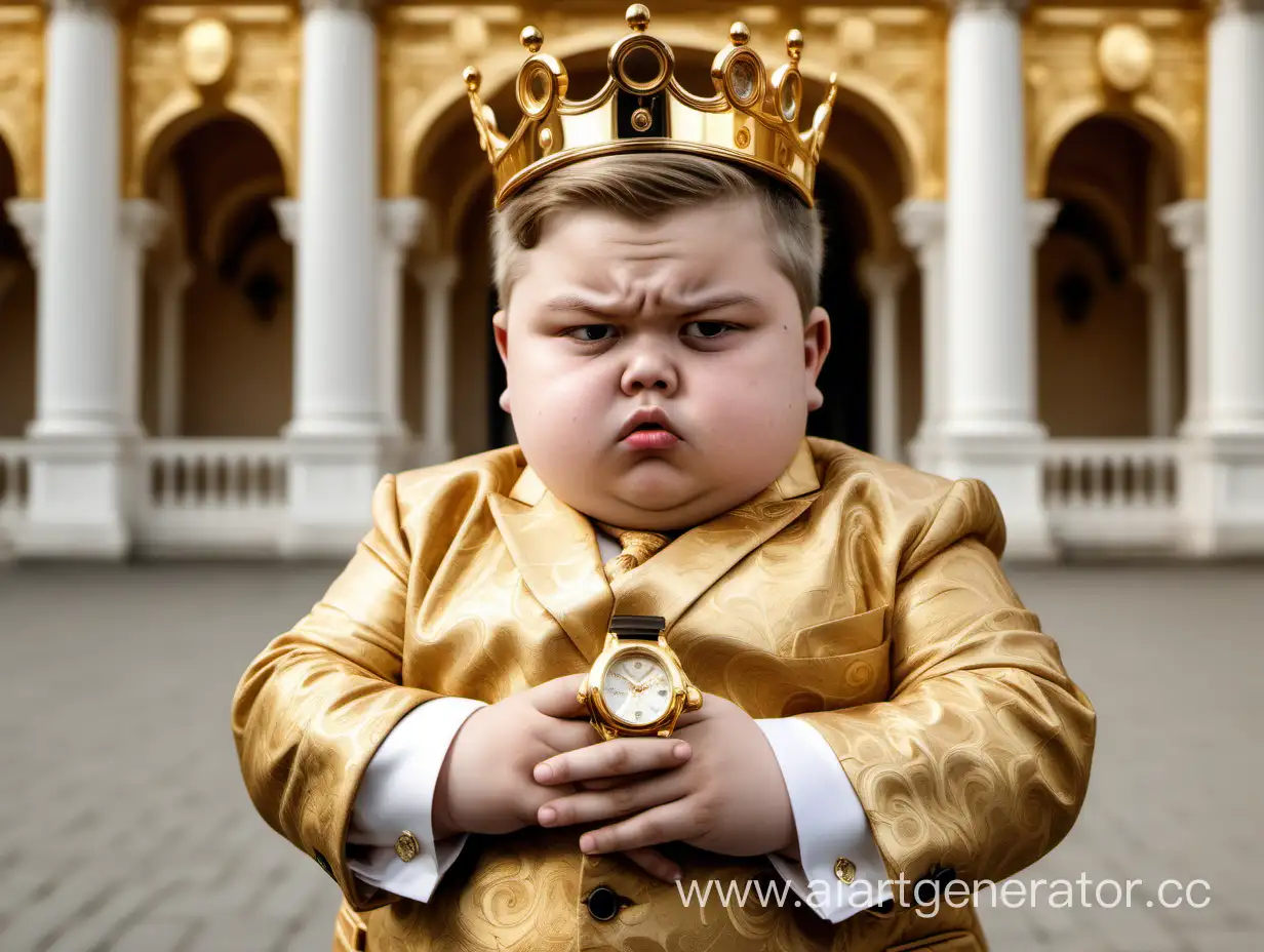 A fat child, from a rich family, dressed in rich clothes, many watches and rings on his hands, a displeased face, a palace of gold in the background