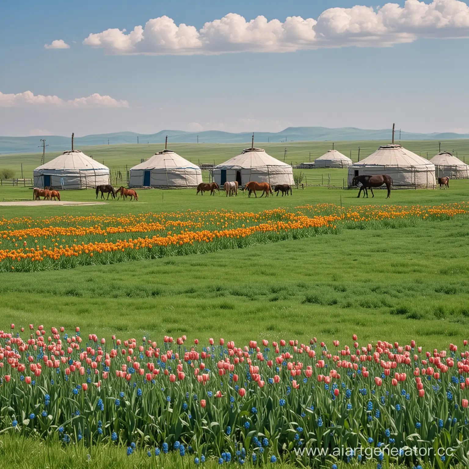 Scenic-Kalmyk-Steppe-in-Spring-Vibrant-Tulips-Yurts-and-Grazing-Horses