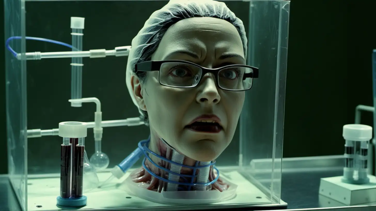 severed Re-animated head of female scientist with lab glasses and tubes coming out of her neck in a plexiglas box in a laboratory --s 10