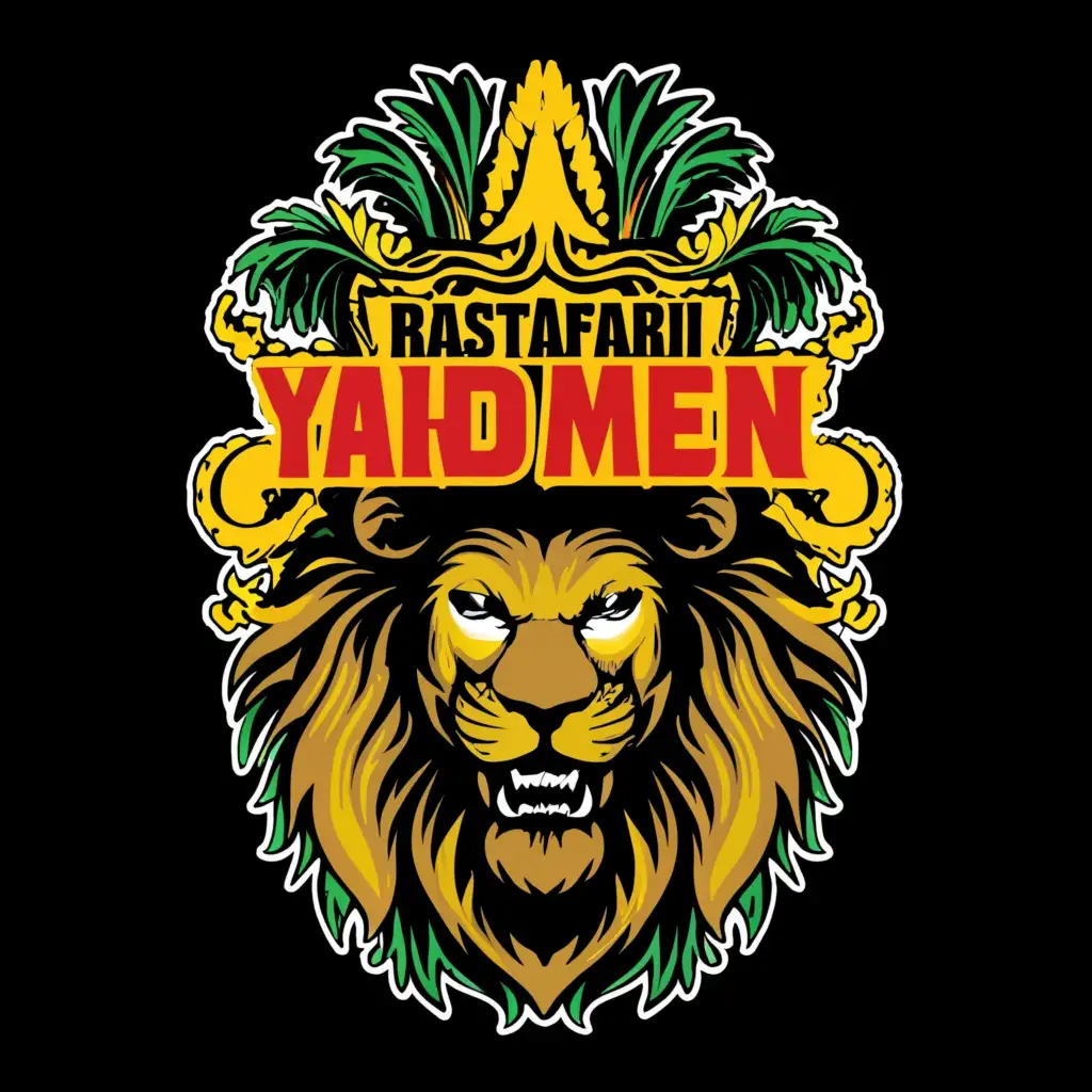 a logo design, with the text 'Rastafari Yard Men', main symbol: RYM, Moderate, clear background make it with a lion with big teeth in the back. Use the same colors.  use only one lion. give it a lot of red, green and yellow colors. add a big clear skull 