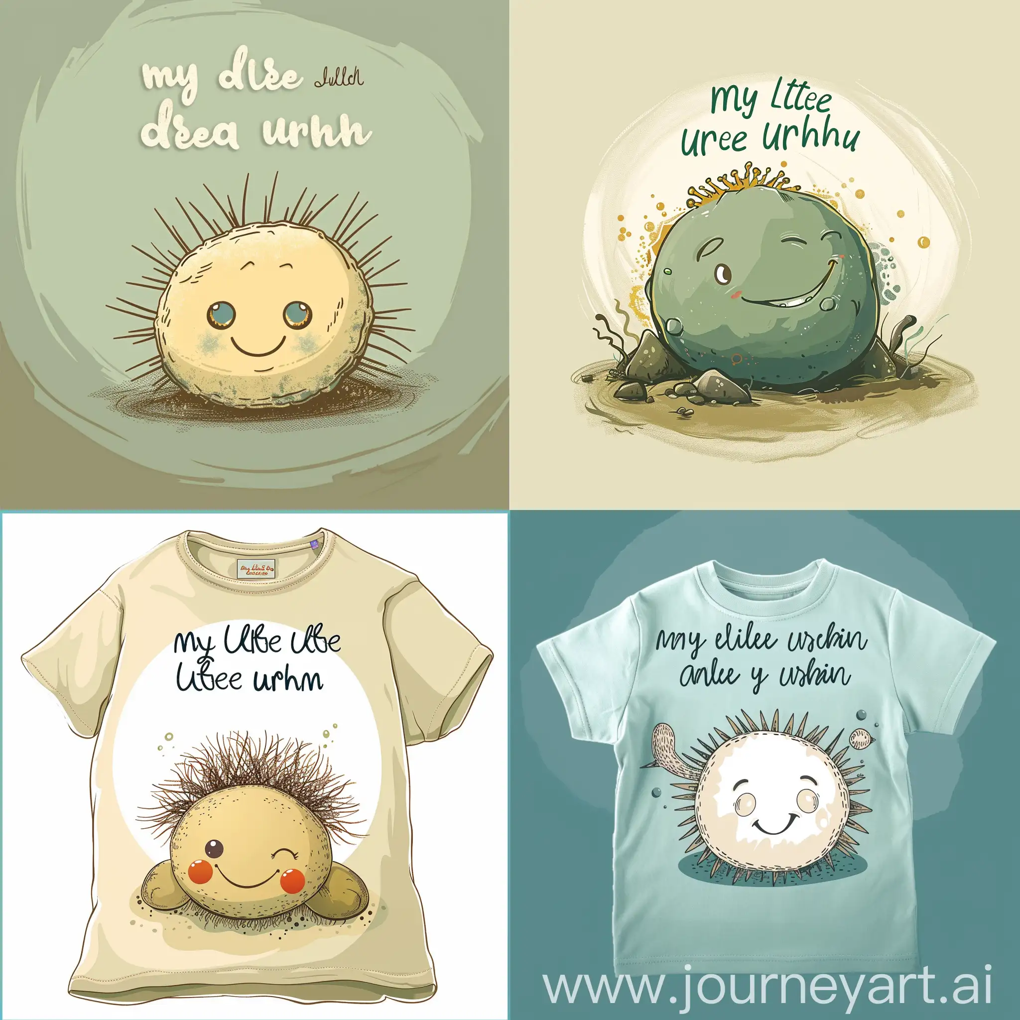 Design for a Kids shirt.  Picture of a cartoon sea urchin with a smiley face with writing above the urchin saying my little urchin