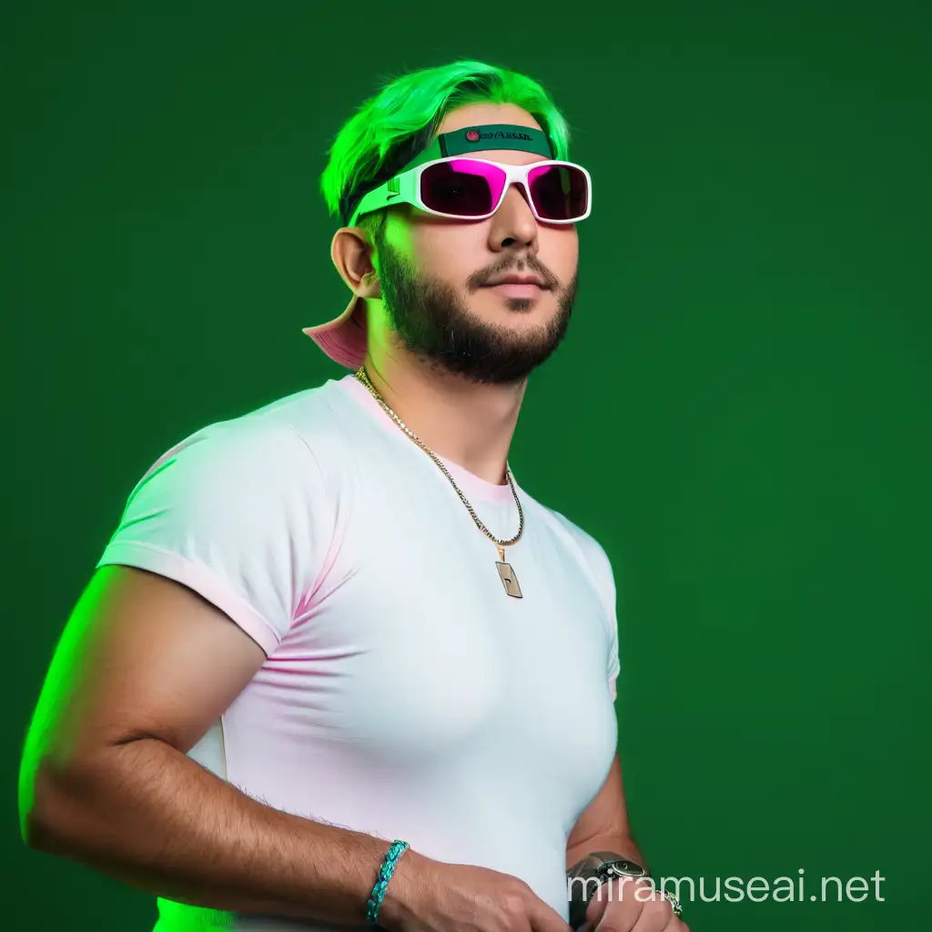 convierte al de la foto en una mujer d pelo rosa sin gafs y sin gorra 

