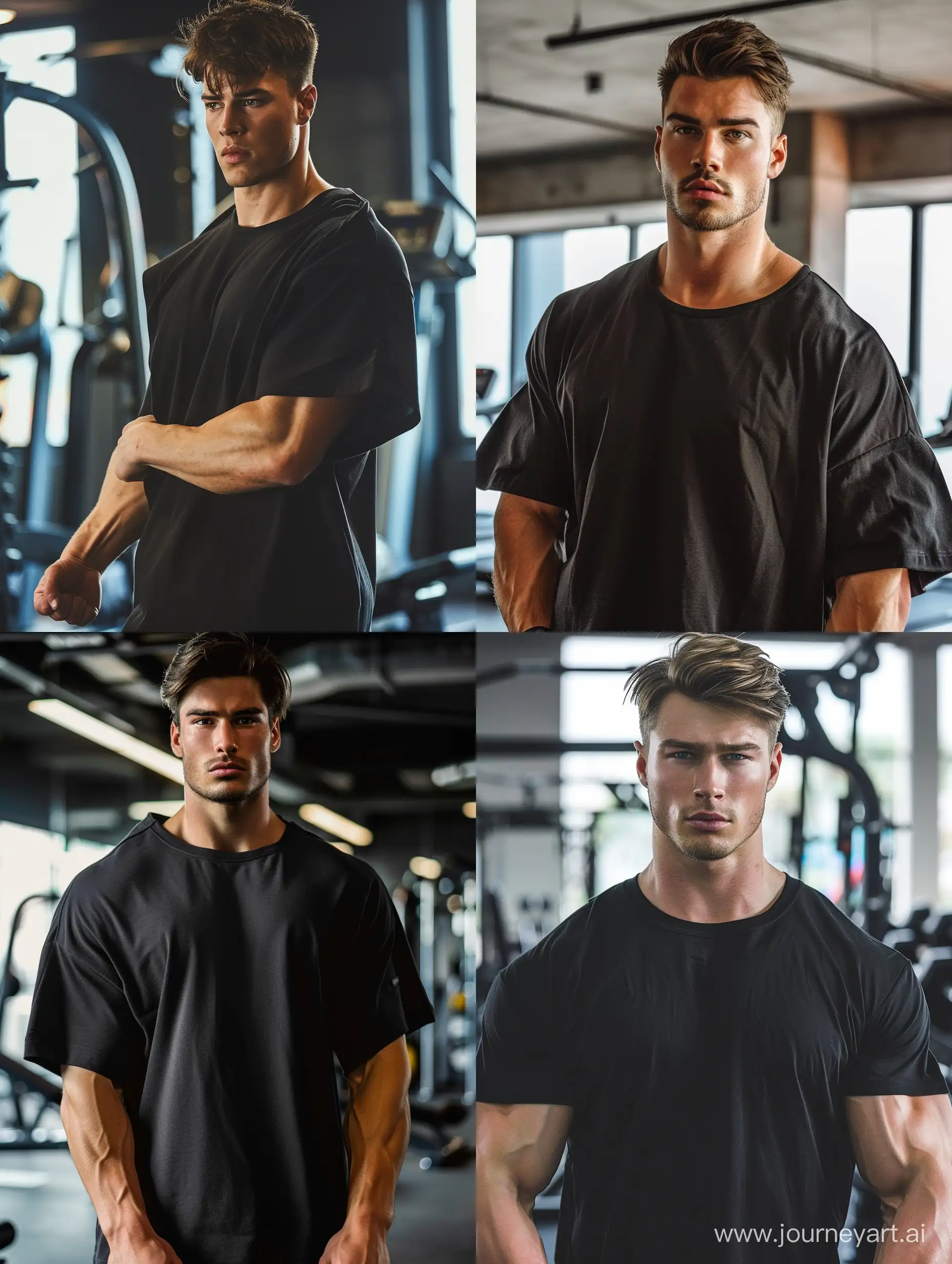 A cinematic, high resolution photo, of a handsome man, mid-20s, very athletic, wearing an oversized drop-shoulder black t-shirt, working out in the gym