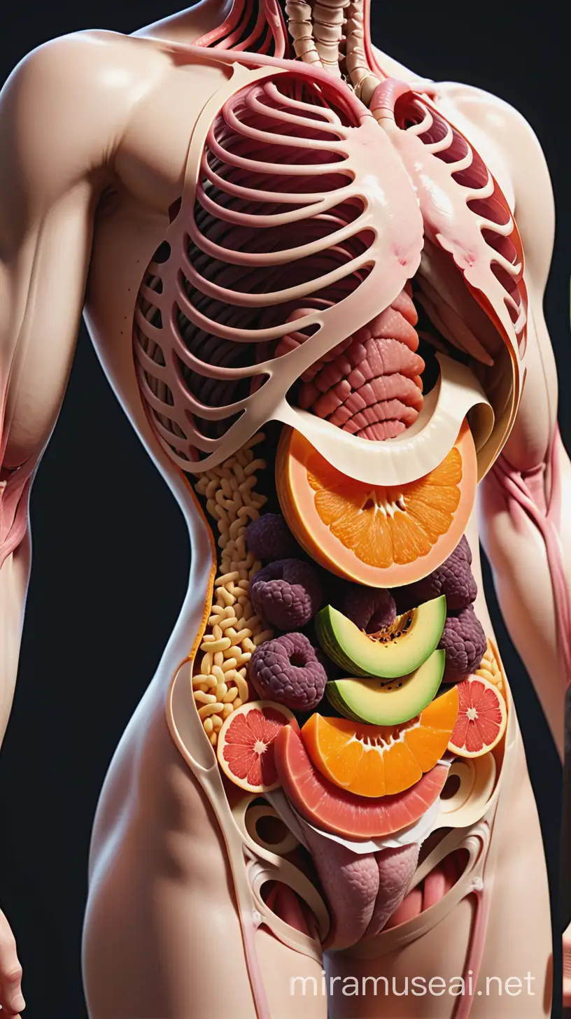 Decomposition of food inside the stomach in the human body (3d perspective view)