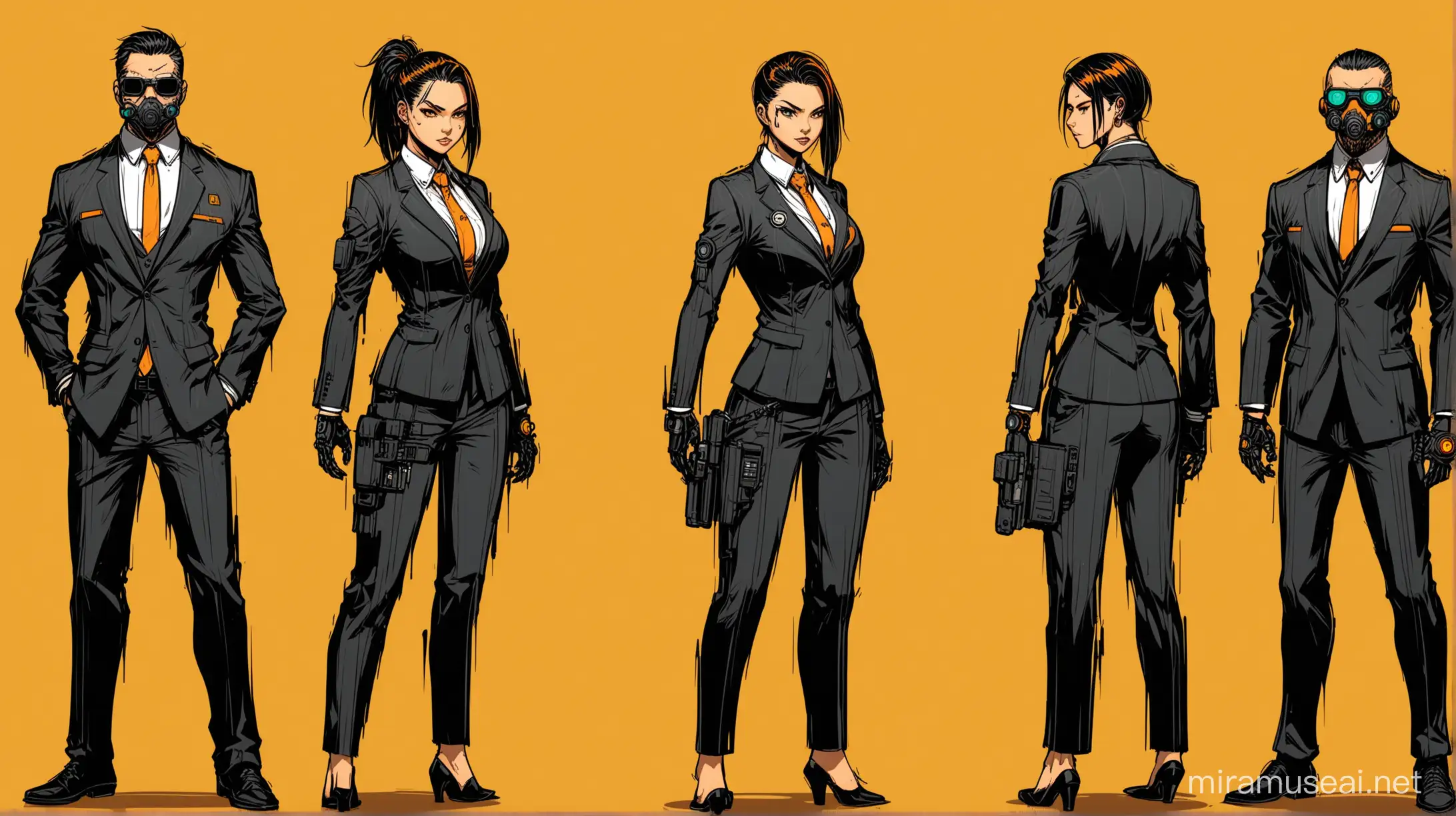 Cyberpunk Business Suit Character Variations in Scavenger Den with Mafia Vibe