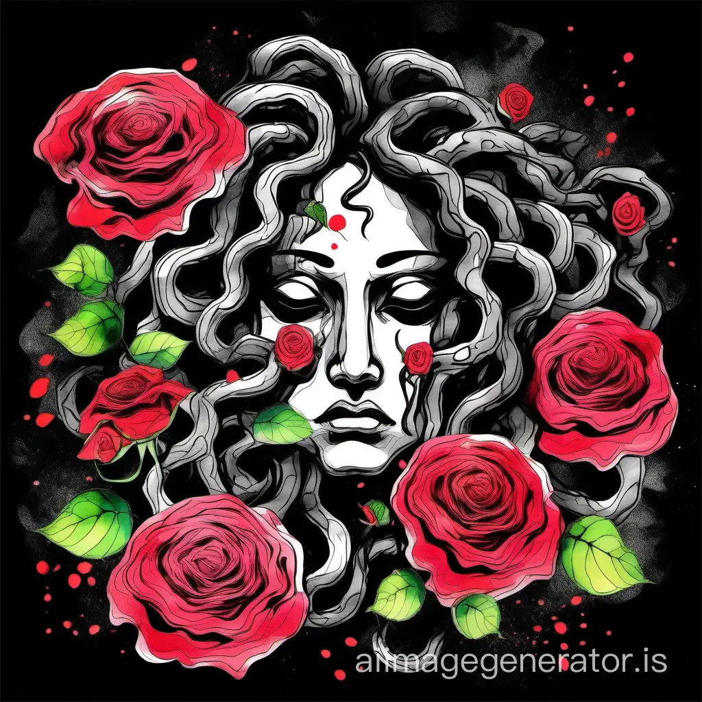 Abstract cartoonized medusa face with roses, very sad and crying expression, sumi-e japanese watercolor, color splash style, multicolor palette, black background