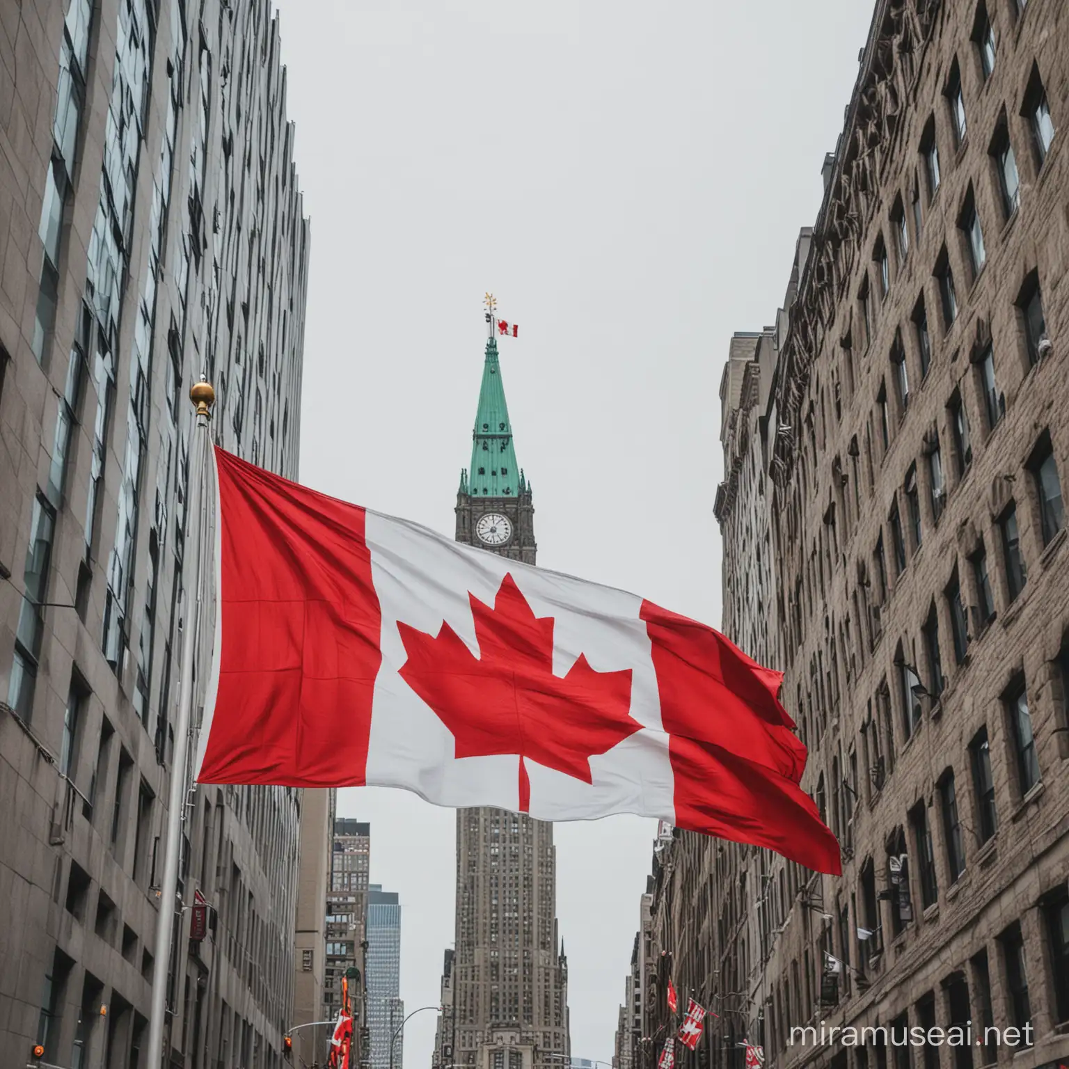 Canadian Flag Flying High in Urban Landscape
