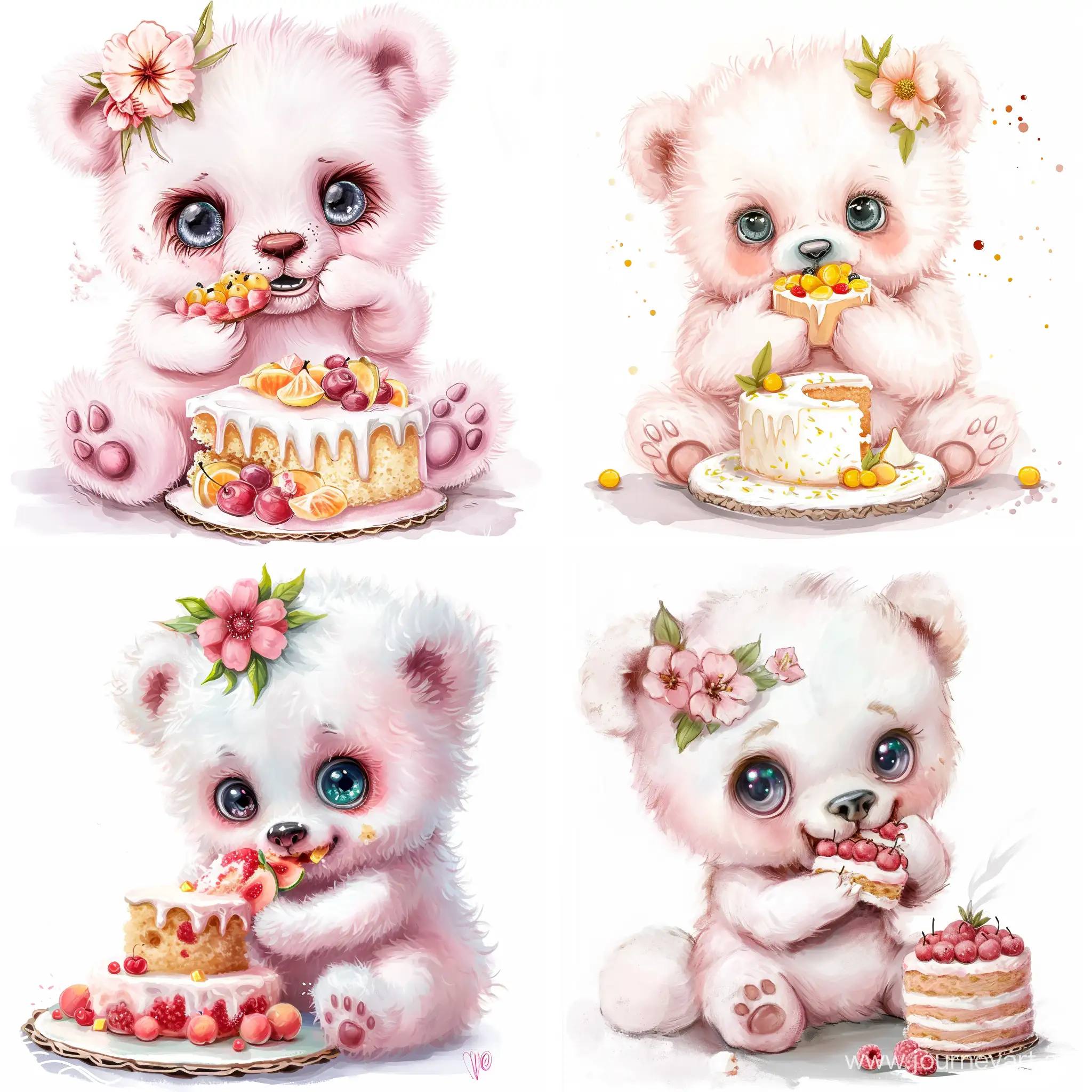Cute illustration of adorable white pink bear with flower ornament on the head eating big fruits cake, full body, big almond eyes, brilliante eyes, fluffy, whimsical, boho, nursery style, pastel colors,  soft colors, clean colors, 2D, solid white background, realistic, detailed, baby book illustration