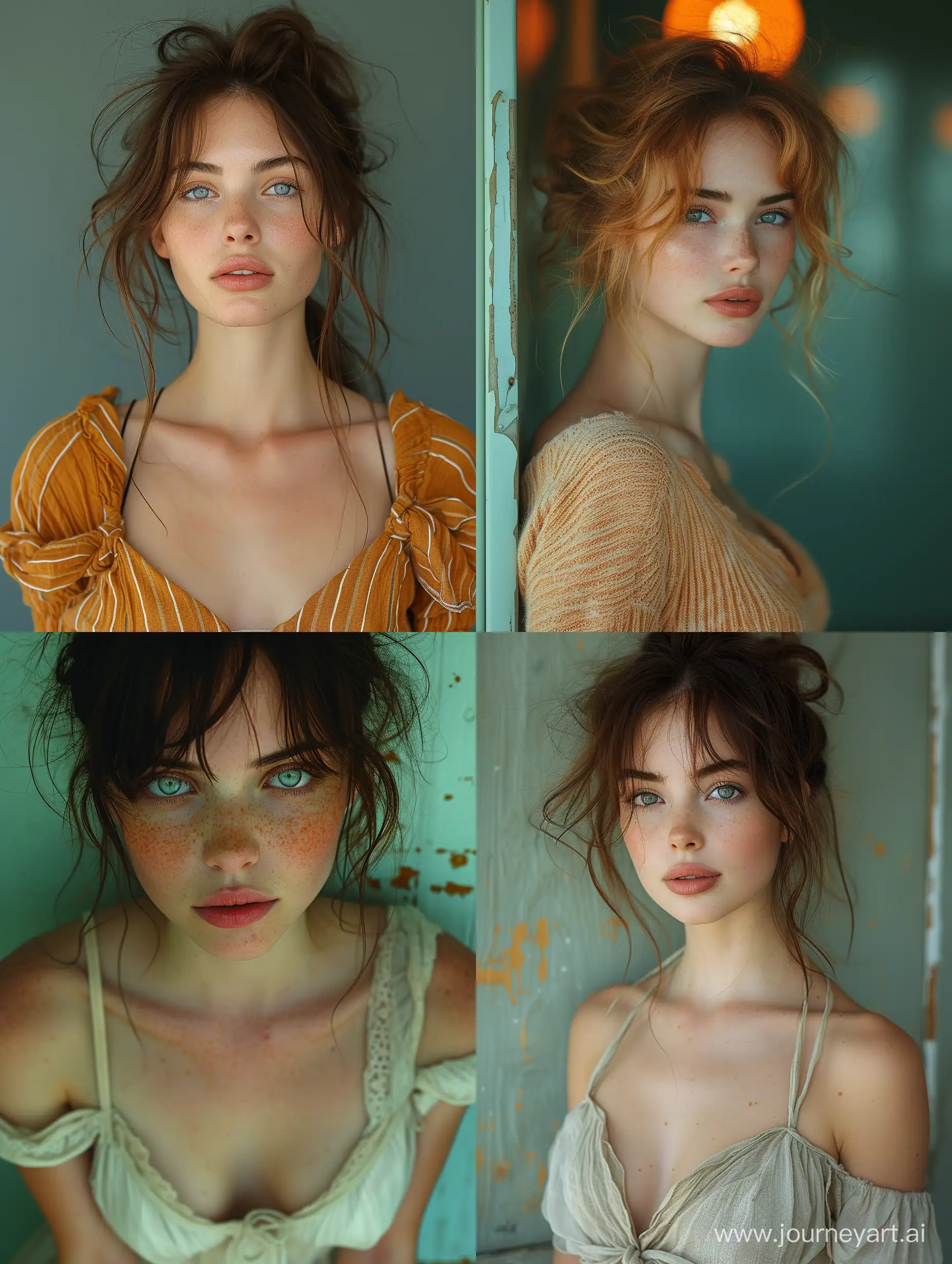 a young woman is looking to the camera, in the style of light orange and dark aquamarine, exaggerated facial features, subtle, earthy tones, light white and dark red, romantic colors, volumetric lighting, dark green and light brown --ar 73:97 --stylize 750 --v 6