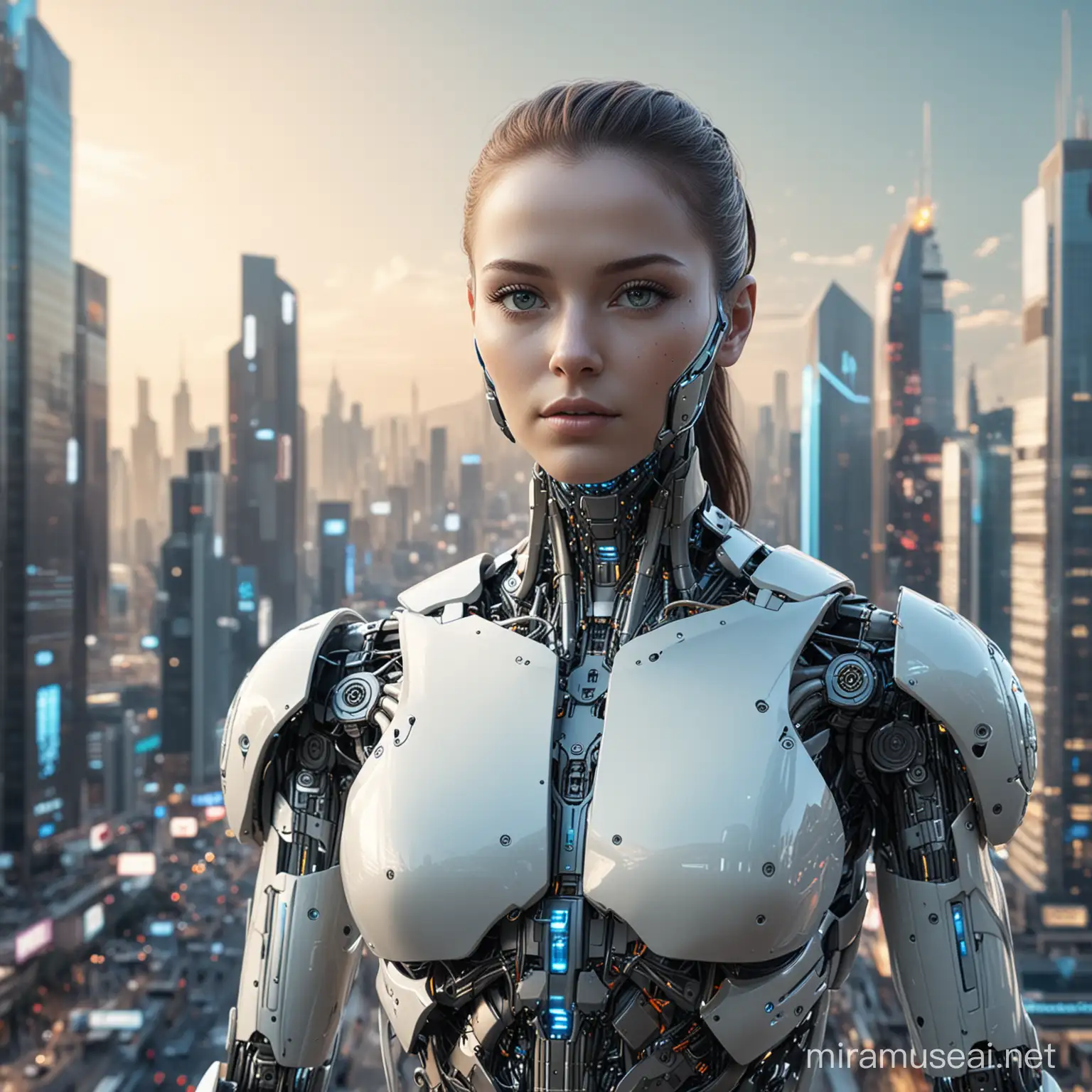An ai-powered humanoid depicting that new age of ai has come. Futuristic city in a background. 