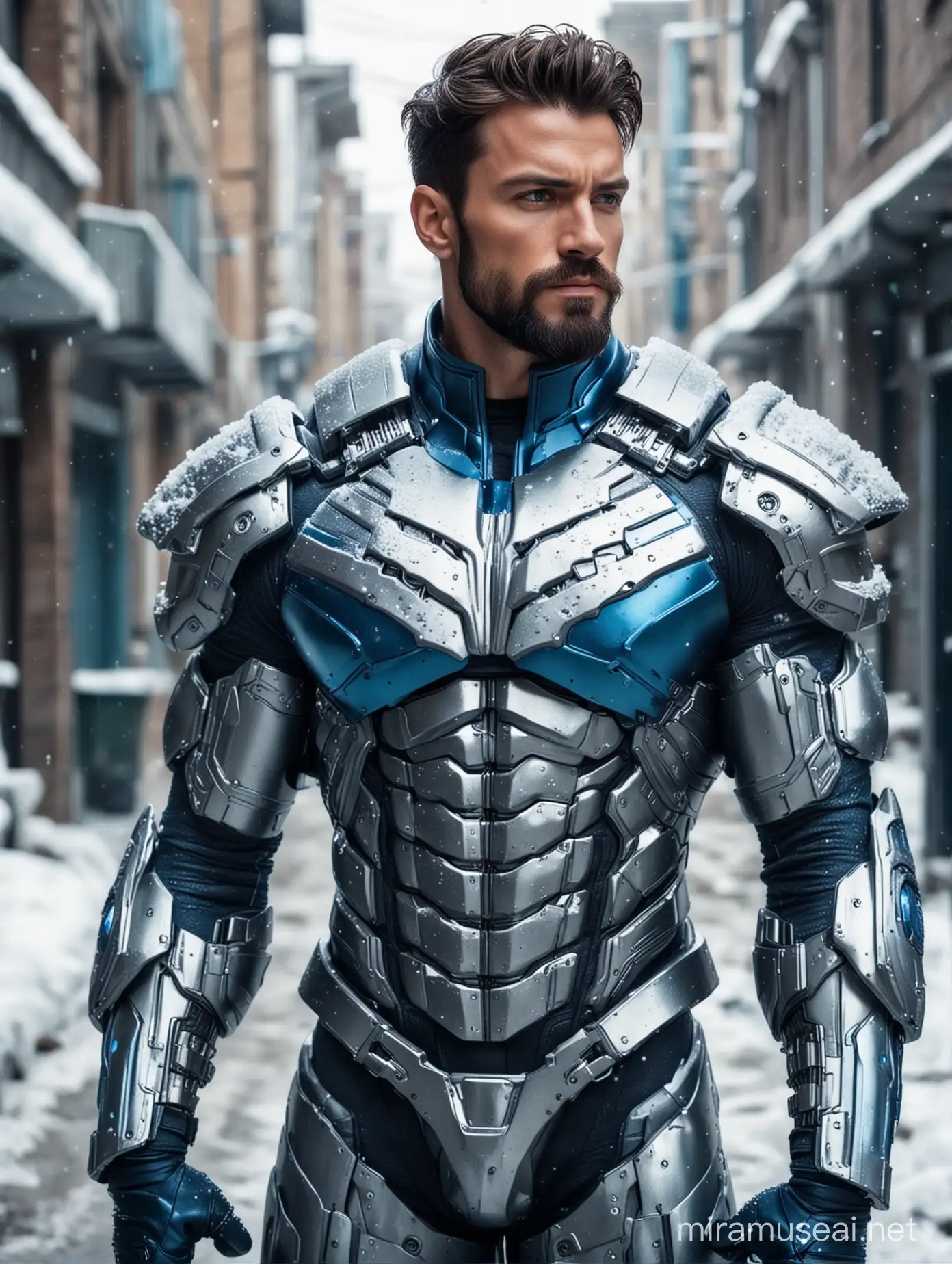 Tall and handsome bodybuilder men with beautiful hairstyle and beard with attractive eyes and Big wide shoulder and chest in sci-fi High Tech blue and sliver armour suit with firearms standing on snowy street 