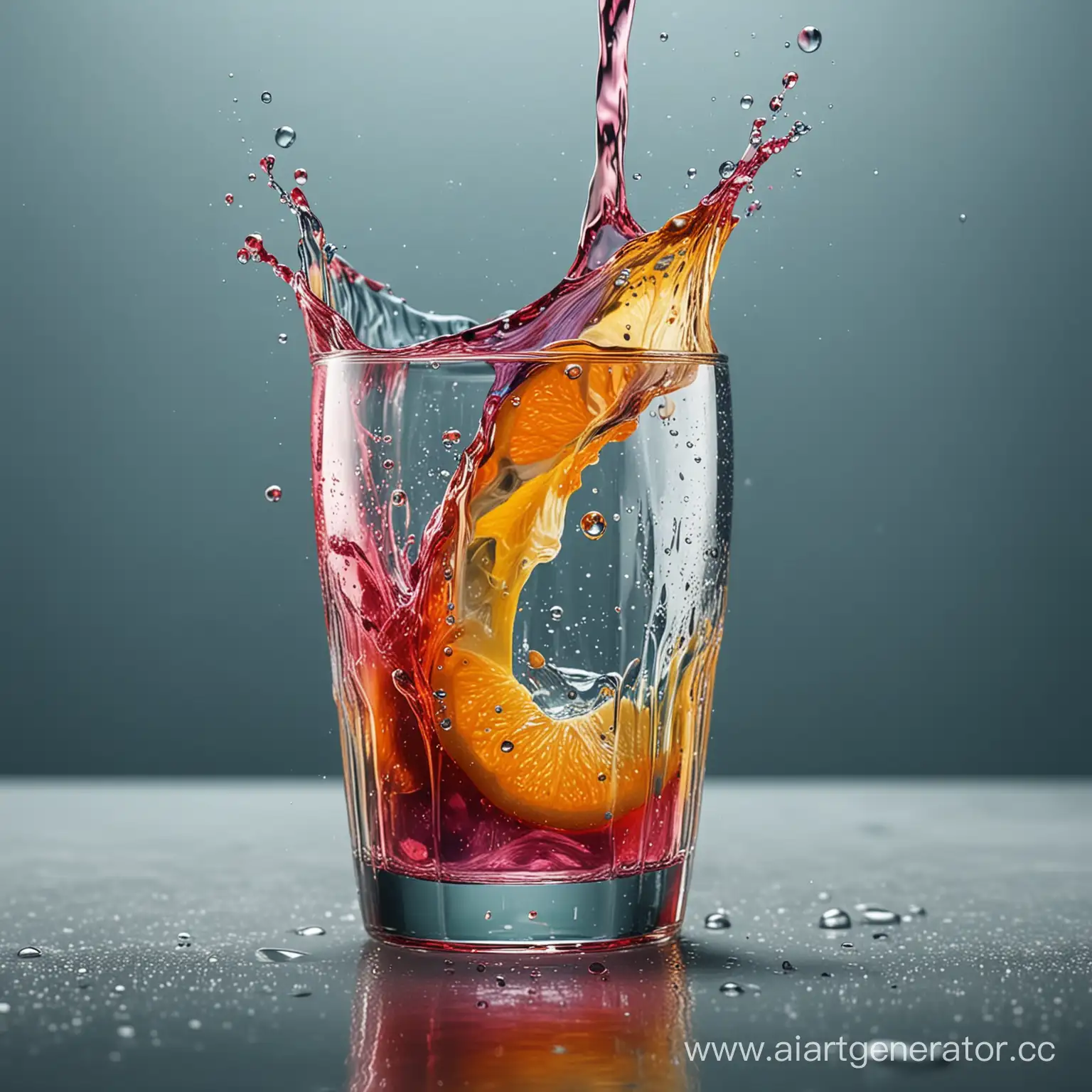 Сочное красочное фото, вода выливается из стакана, 4к изображение, максимально детализированное,