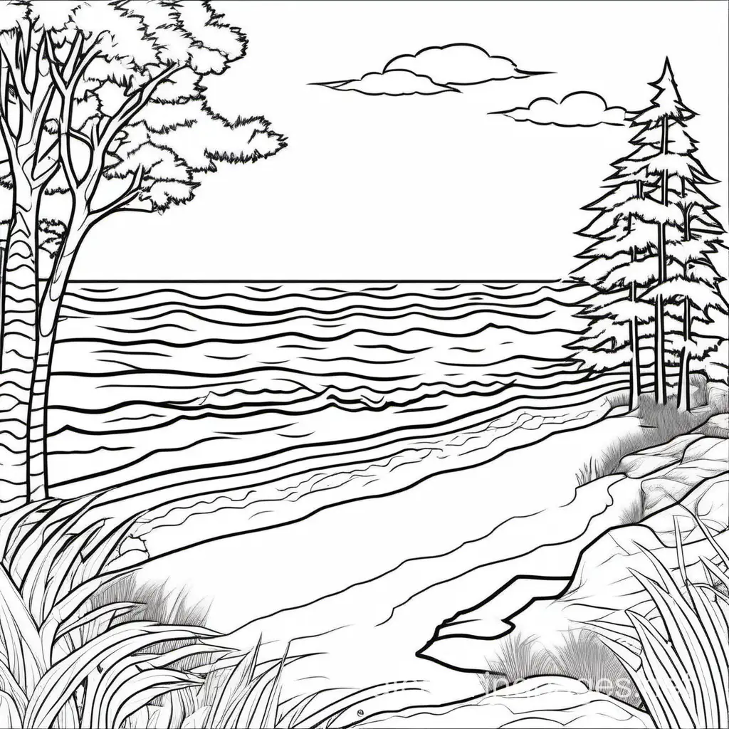 lake erie with a sandy beach and trees on the shoreline, Coloring Page, black and white, line art, white background, Simplicity, Ample White Space. The background of the coloring page is plain white to make it easy for young children to color within the lines. The outlines of all the subjects are easy to distinguish, making it simple for kids to color without too much difficulty