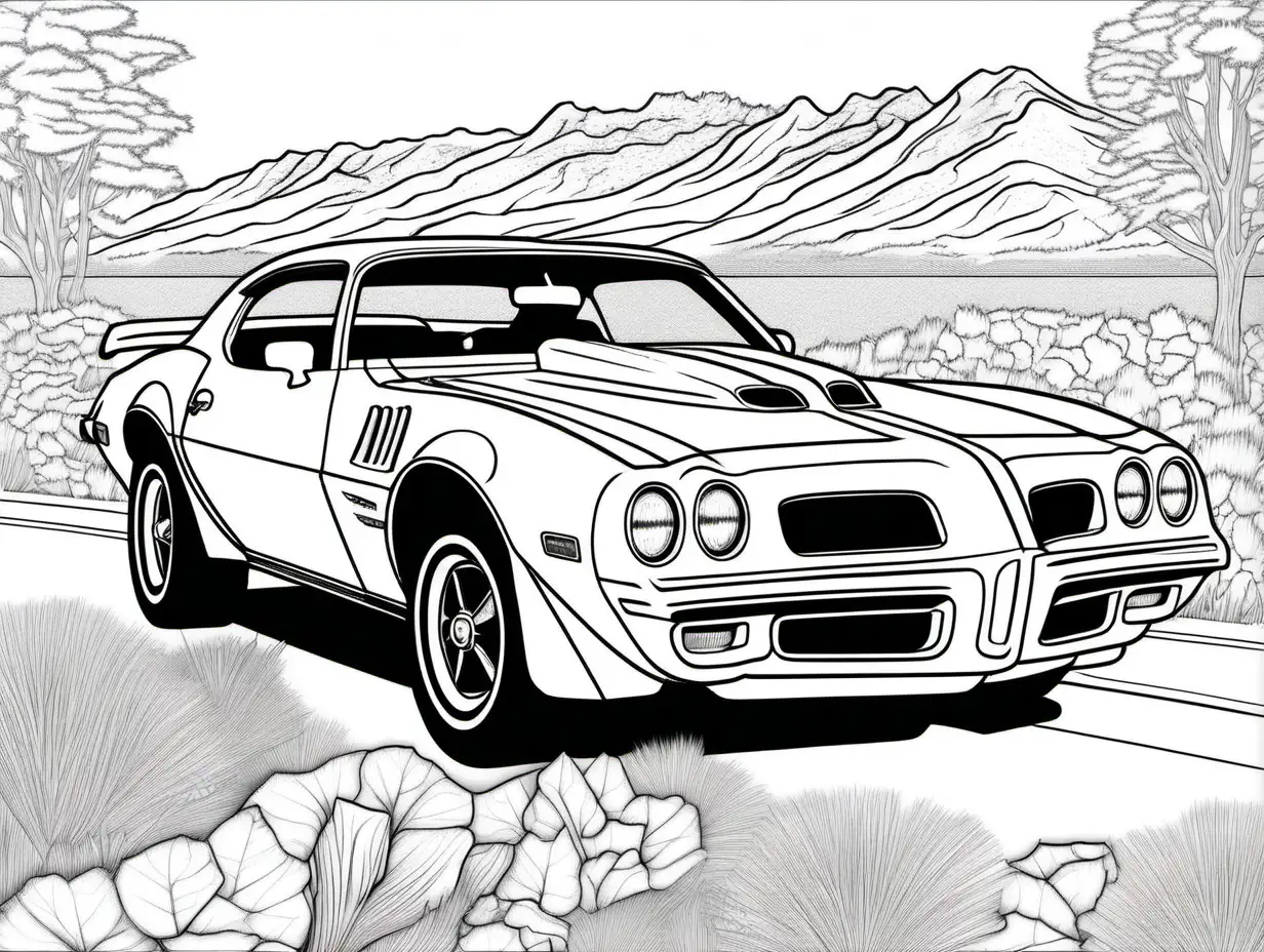 coloring page for adults, classic American automobile, 1973 Pontiac Firebird Formula, clean line art, high detail, no shade