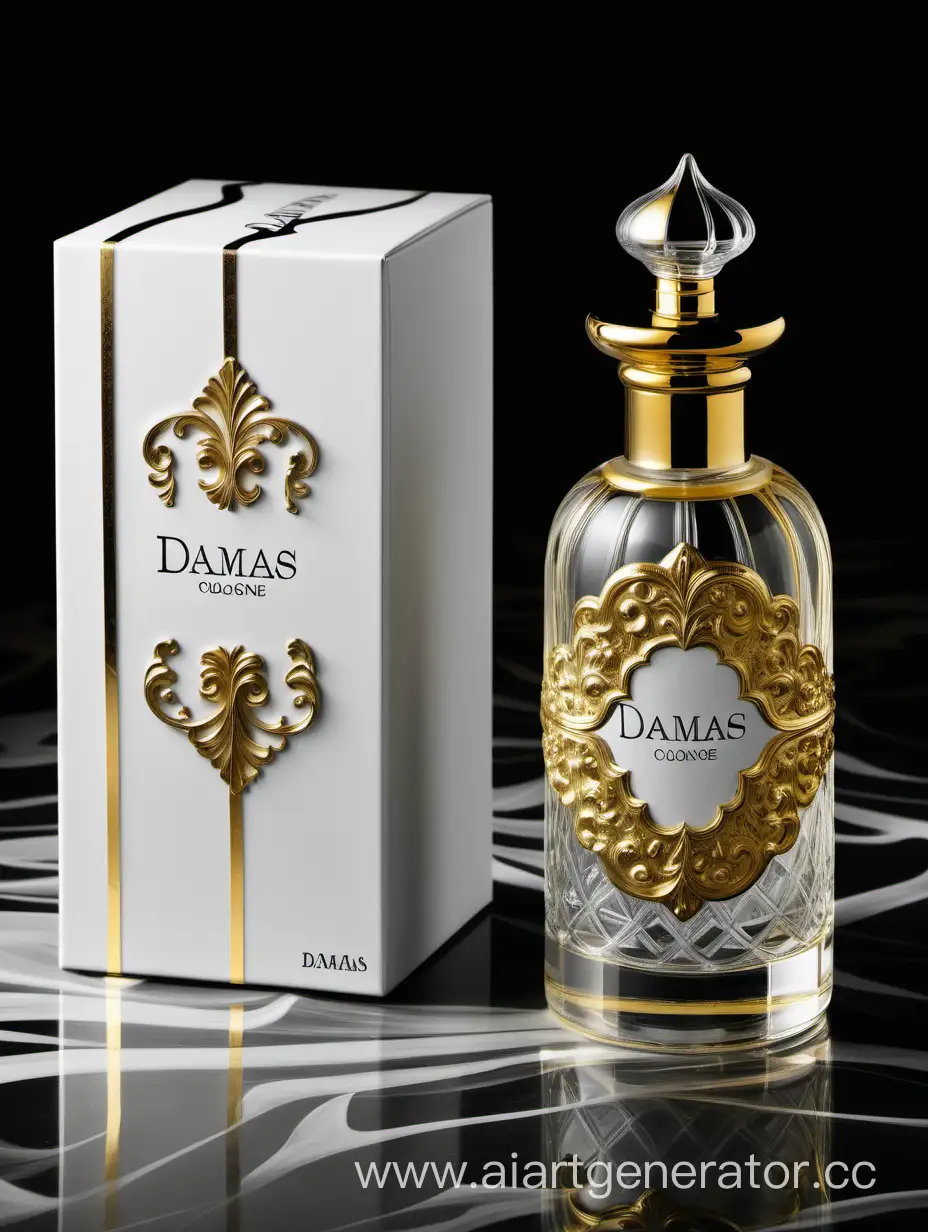 a bottle of damas cologne sitting next to a dark White box,with golden lines a Baroque dynamic luxurious composition, feminine
flemish Baroque