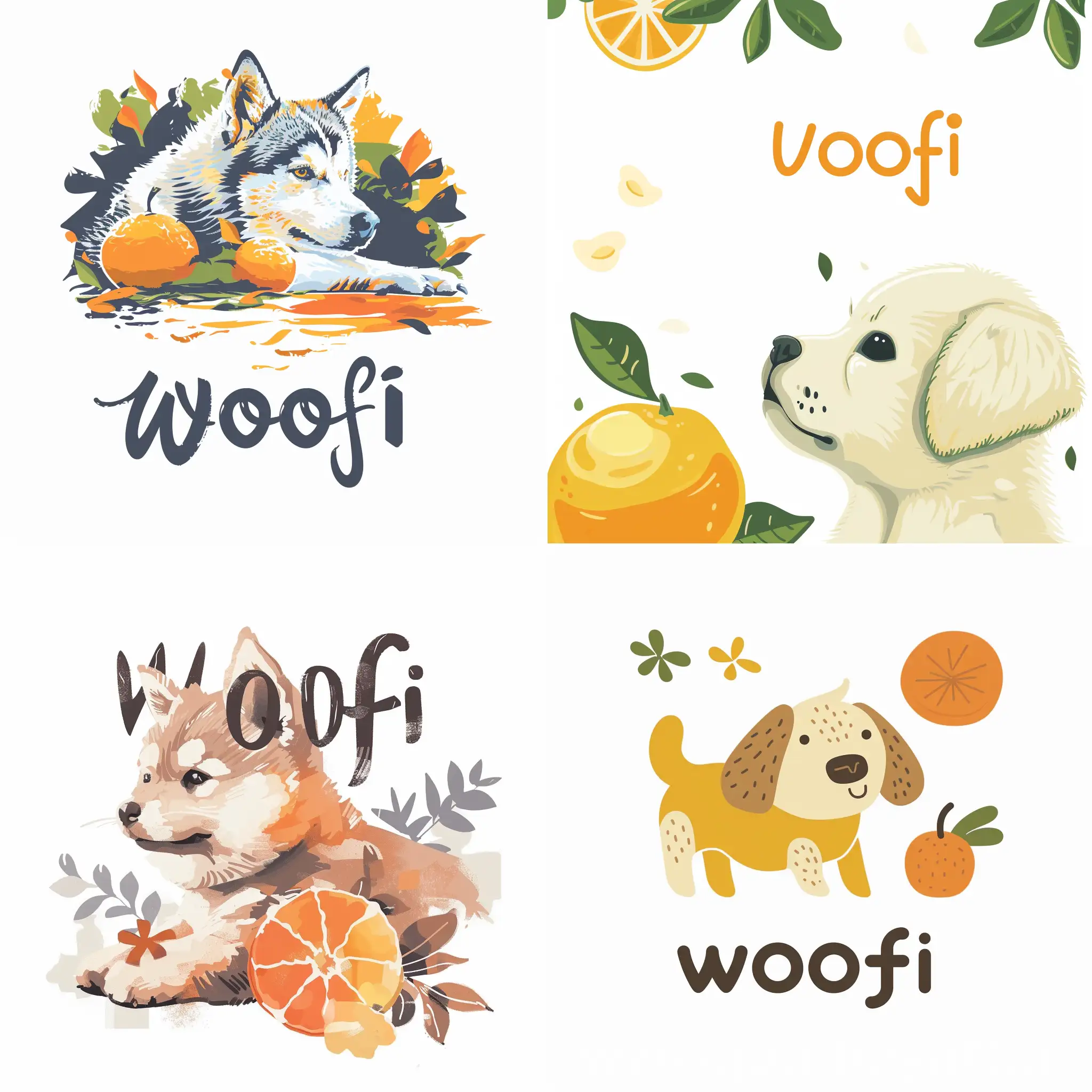 Please create a logo for me for a company called Woofi. The background is white, a flat vector-style painting, without much detail, of a dog and orange