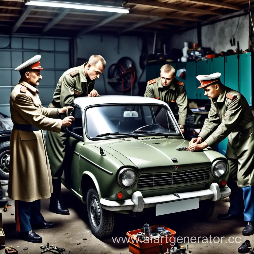 Russian-Veterans-Restoring-Victory-Garage-Scene-with-Military-Uniform-and-VAZ-2101