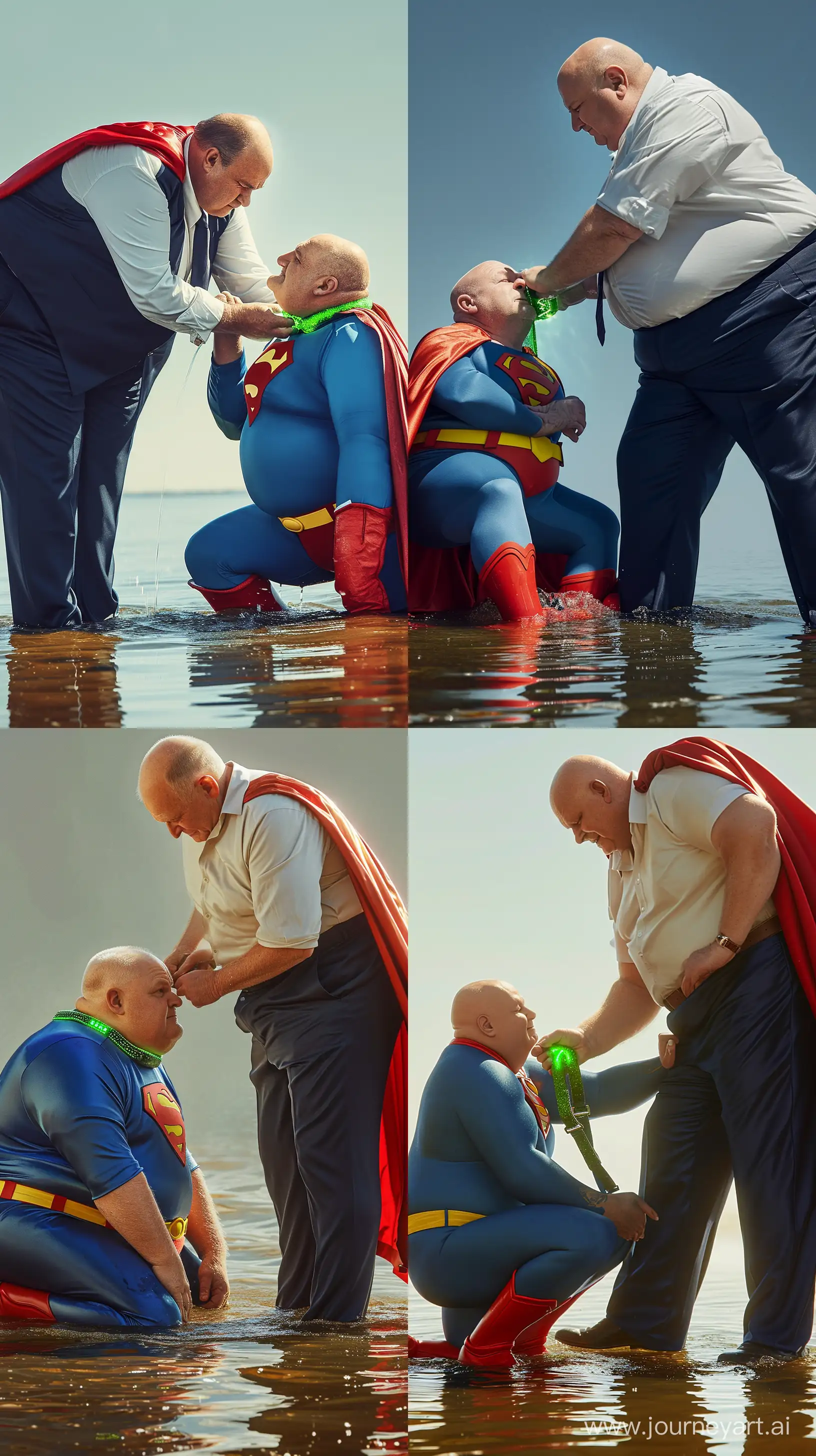 Realistic fashion photo of a chubby man aged 60 wearing silky navy business pants and a white shirt, bending over and tightening a green glowing small short dog collar on the neck of another chubby man aged 60 sitting in the water and wearing a silky blue superman costume with a large red cape, red boots, blue shirt, blue pants, yellow belt and red trunks. Outside. Direct Sunlight. Bald. Clean Shaven. --style raw --ar 9:16 --v 6
