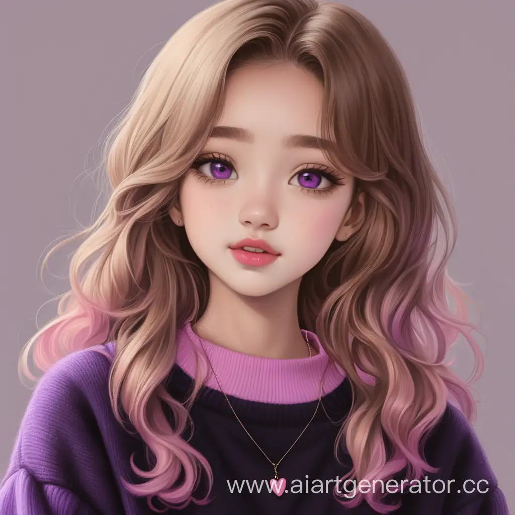 Portrait-of-a-Girl-with-Long-Wavy-Hair-and-Plump-Lips-in-Black-Sweater-and-Purple-Shirt