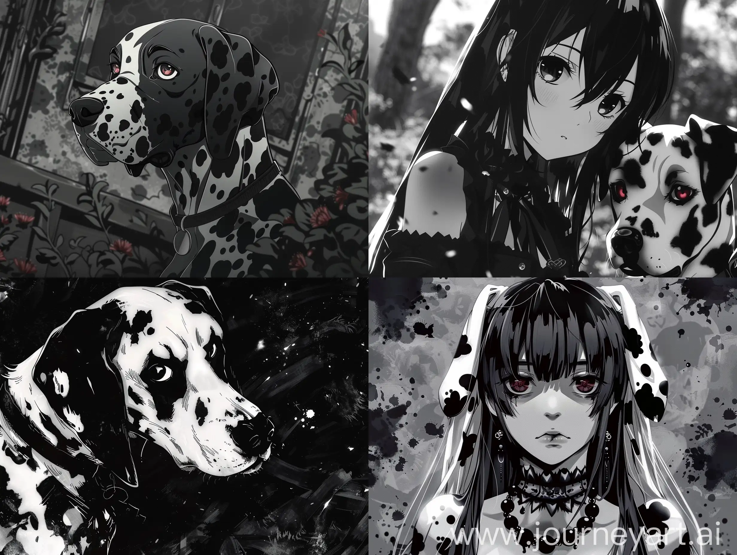 goth high quality background, anime style, 4K, unity or unreal engine style, new anime, Dalmatian style, black, white