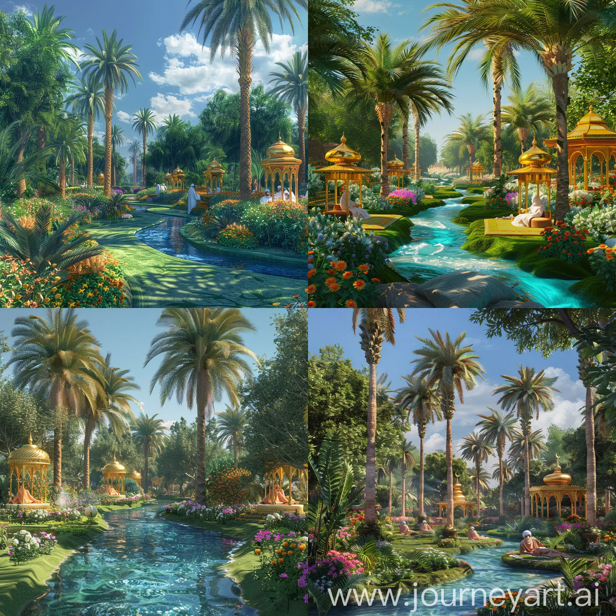 Within the verdant paradise of Jannah, gentle souls dwell peacefully under a serene blue sky. Tall date palms provide shade amidst flowers of every warm hue, their rustling forming a soothing backdrop. Crystalline streams flow through lush gardens and
meandering waterways, their gentle currents flowing cool and clear for all to drink. Upon carpets of softest green, the faithful relax in robes of finest fabric, conversing blithely amid the greenery. Golden pavilions of exquisite
architecture are nestled between groves, their
interiors aglow with a warm luminous light.
Across verdant meadows and beneath the
trees, inhabitants live fully content and
carefree, desiring nothing. No illness, hardship or suffering exists within this blissful domain.Render this idyllic realm in realistic digital detail, depicting a tranquil oasis as scripture describes the highest paradise attainable.
